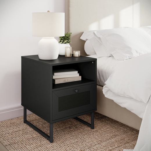 Malaki Mid-Century Modern Nightstand or End Table with Rattan Accented Drawer, Open Upper Shelf, and Metal Legs