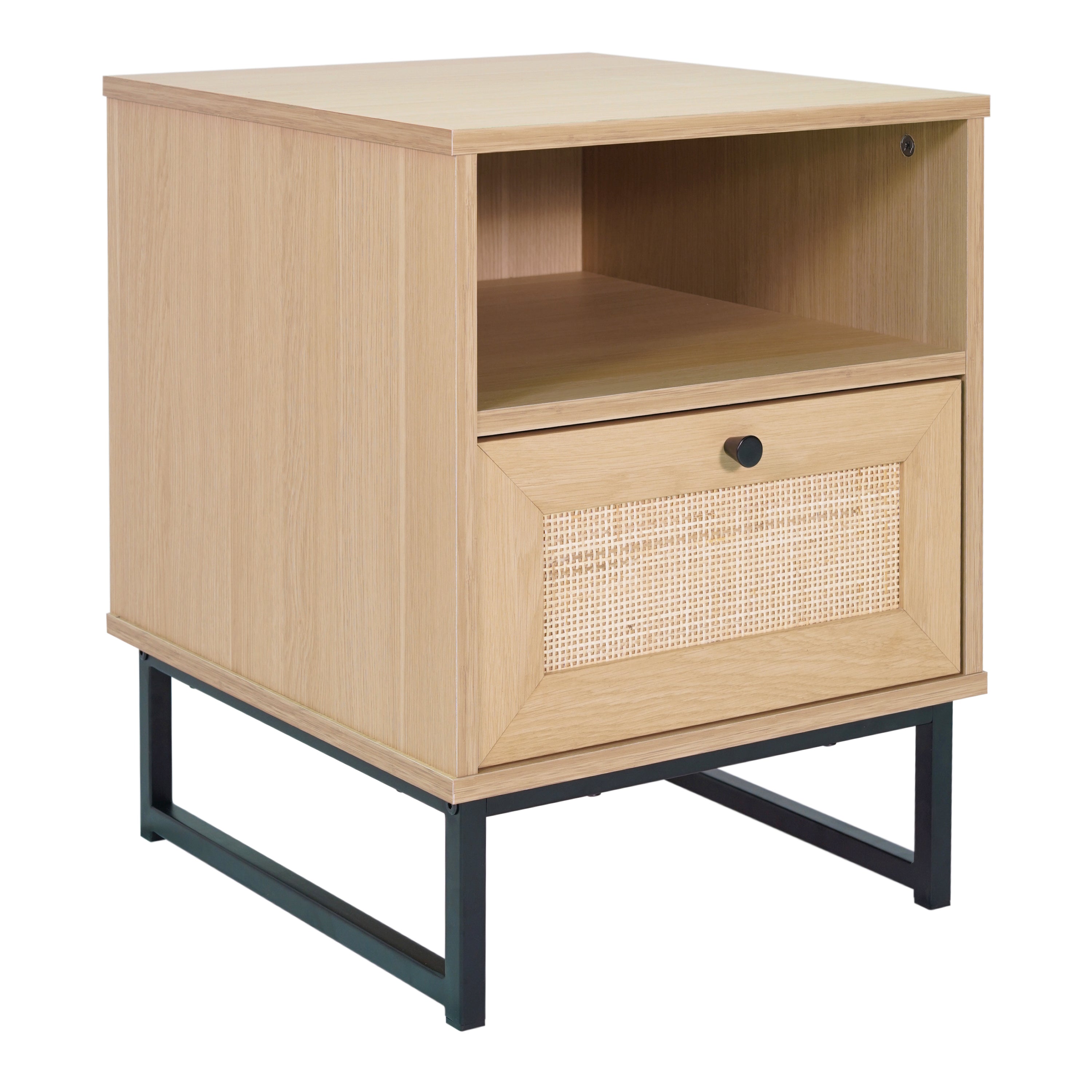 Malaki Mid-Century Modern Nightstand or End Table with Rattan Accented Drawer, Open Upper Shelf, and Metal Legs