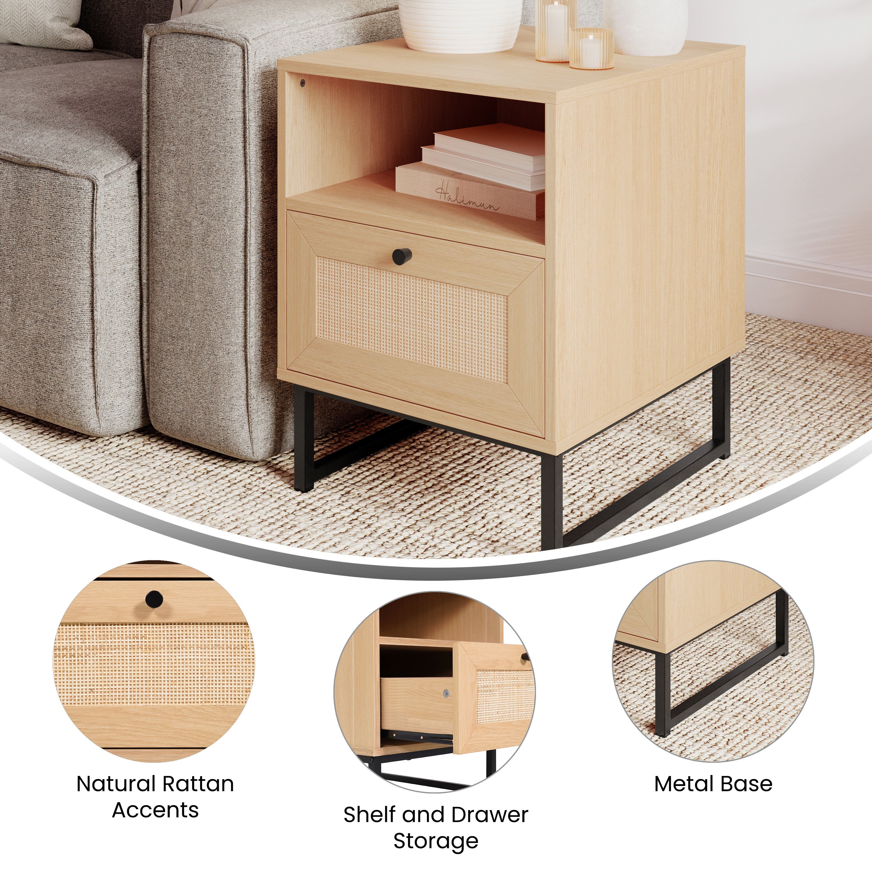 Malaki Mid-Century Modern Nightstand or End Table with Rattan Accented Drawer, Open Upper Shelf, and Metal Legs