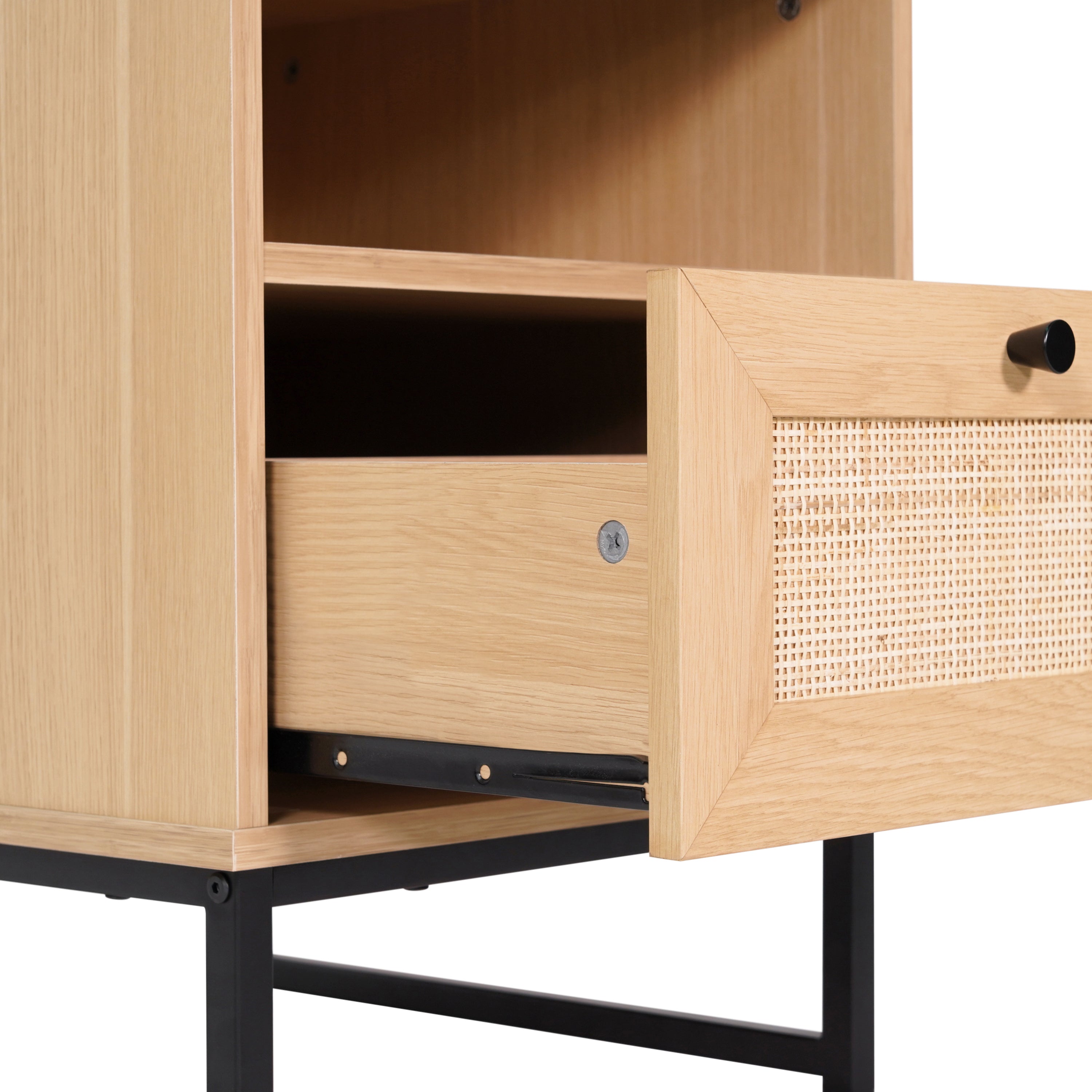 Malaki Set of 2 Mid-Century Modern Nightstands or End Tables with Rattan Accented Drawers, Open Upper Shelves, and Metal Legs
