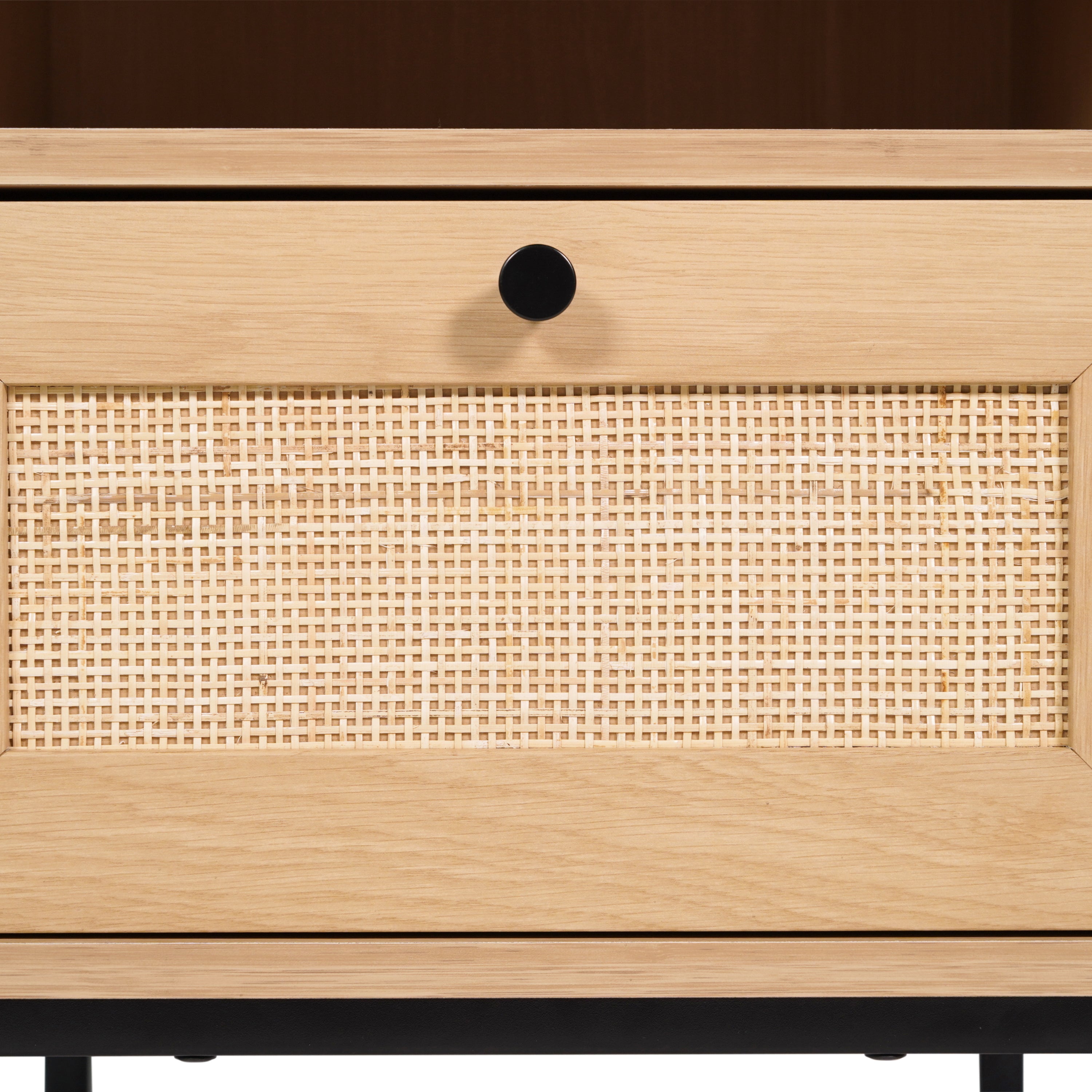 Malaki Mid-Century Modern Nightstand or End Table with Rattan Accented Drawer, Open Upper Shelf, and Metal Legs