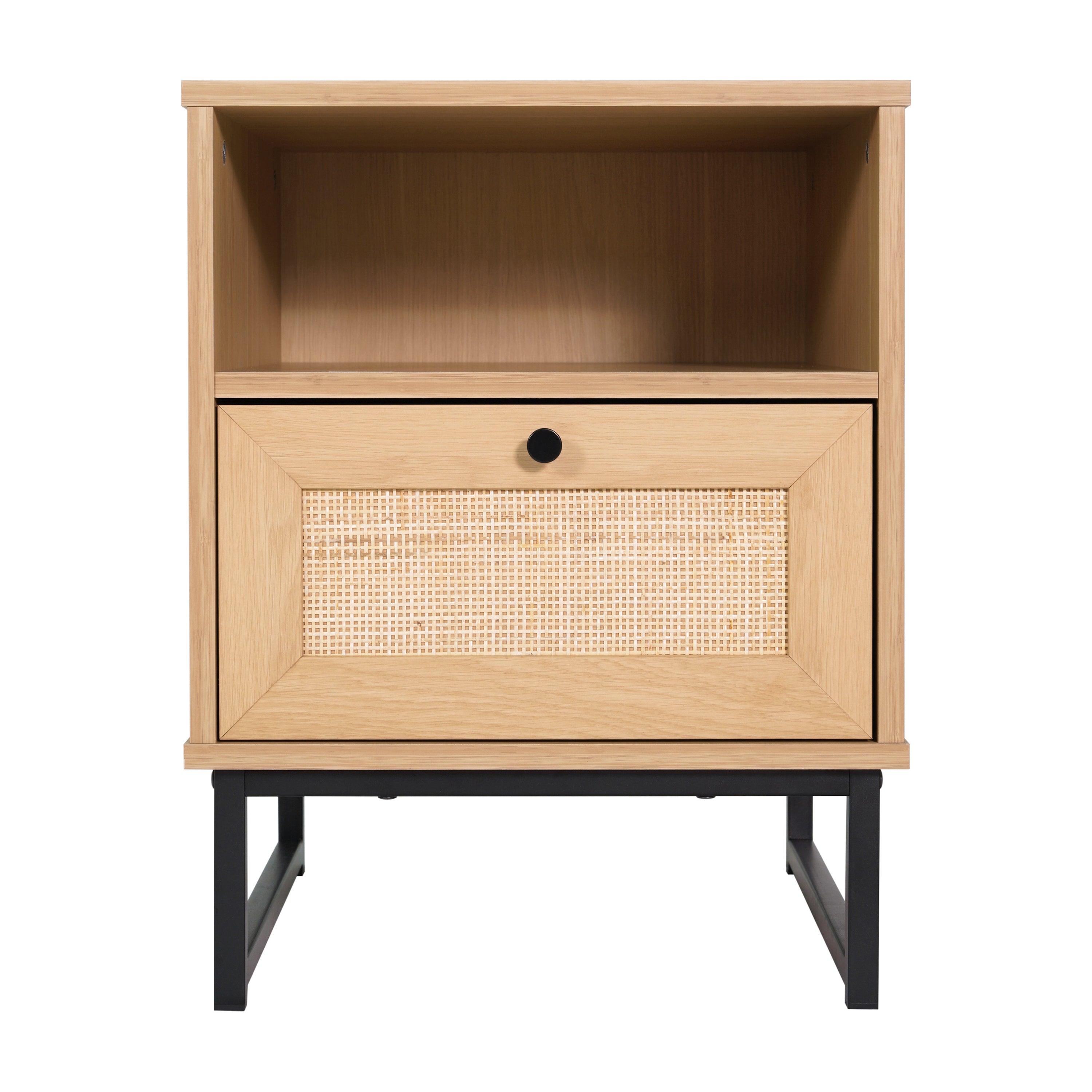 Malaki Mid-Century Modern Nightstand or End Table with Rattan Accented Drawer, Open Upper Shelf, and Metal Legs