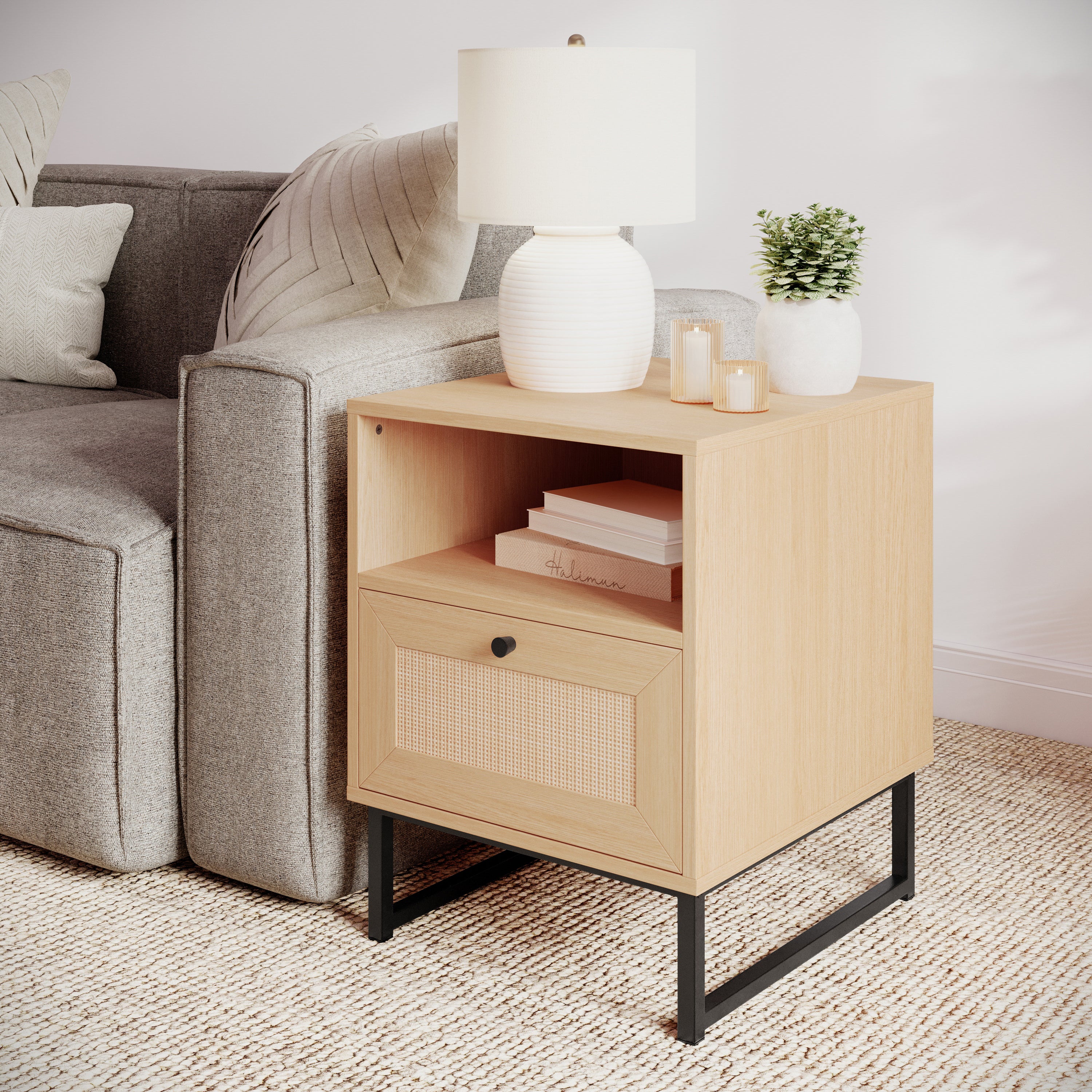 Malaki Mid-Century Modern Nightstand or End Table with Rattan Accented Drawer, Open Upper Shelf, and Metal Legs
