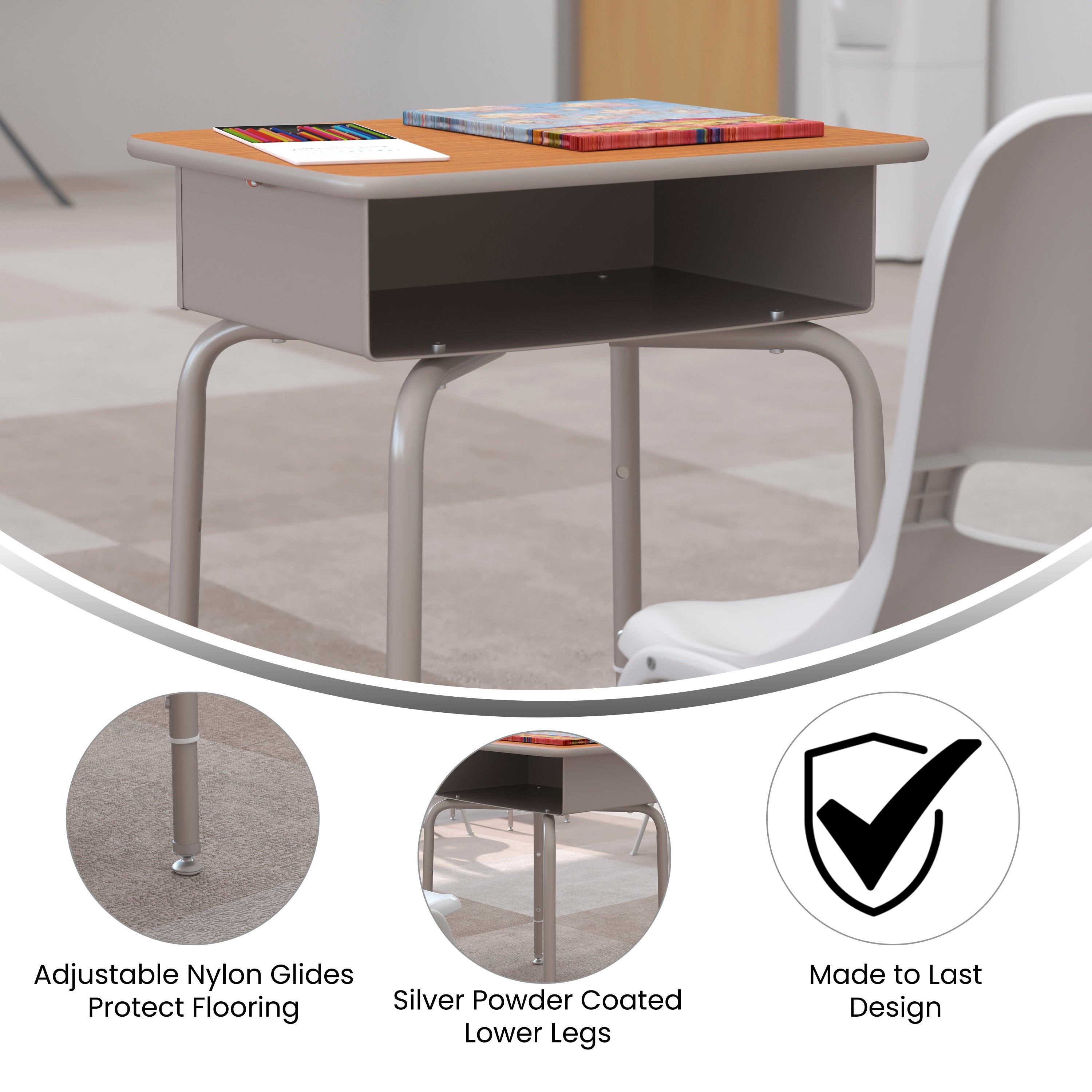 Student Desk with Open Front Metal Book Box