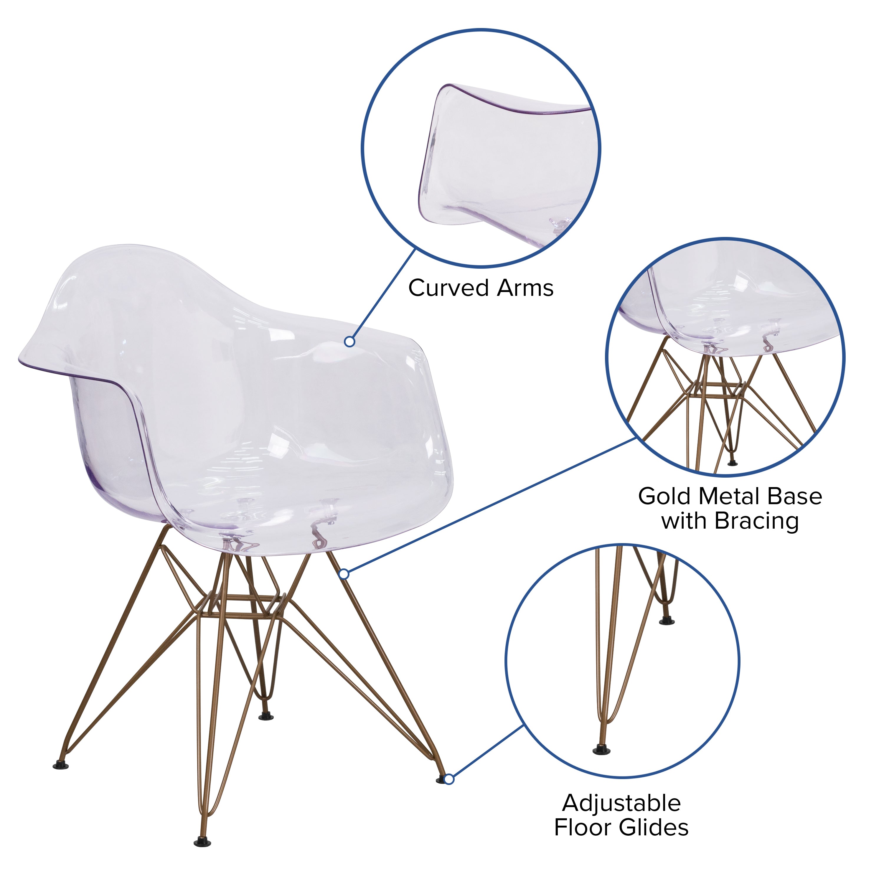 Allure Series Transparent Side Chair with Arms and Gold Base-Accent Chair-Flash Furniture-Wall2Wall Furnishings