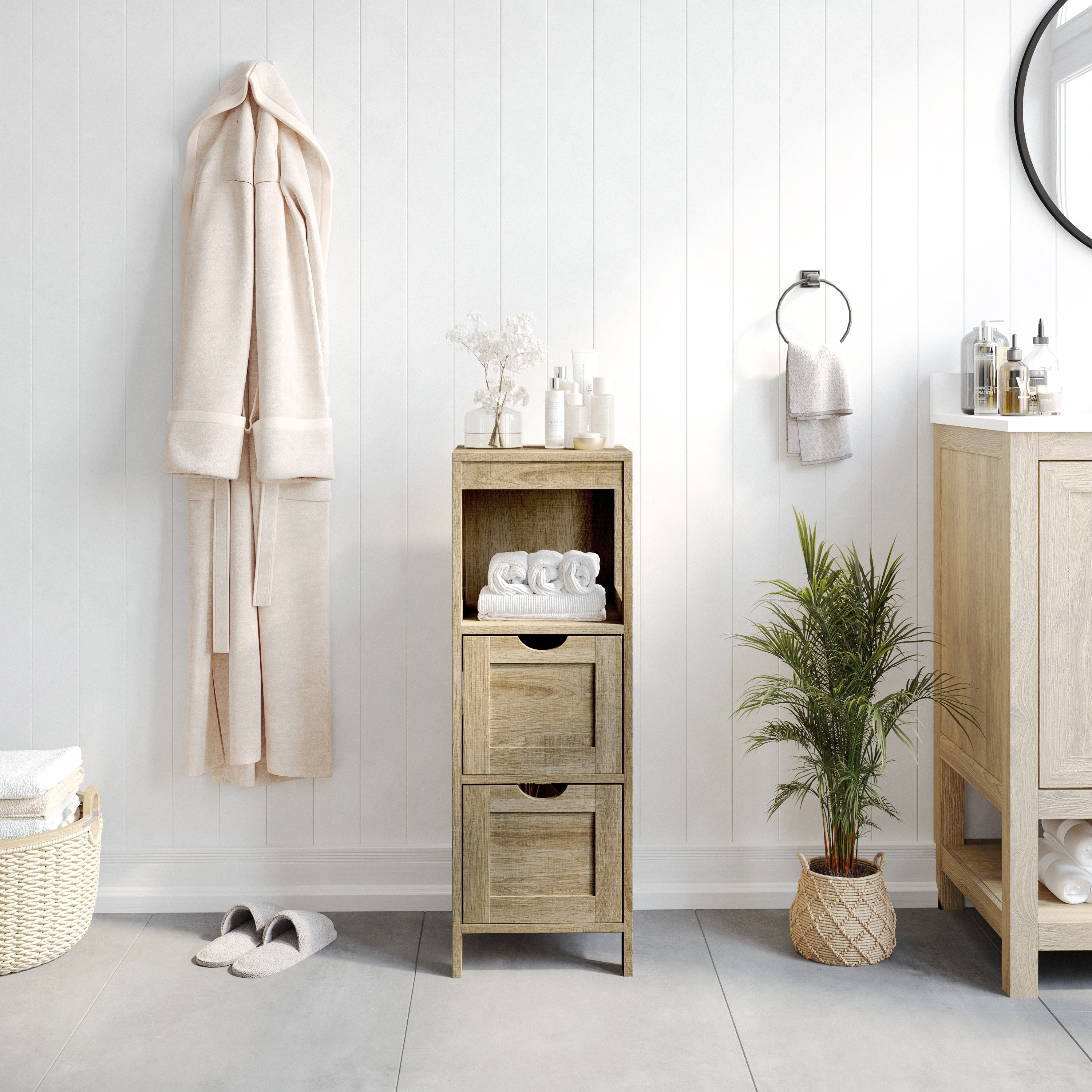 Dune Farmhouse Bathroom Storage Organizer with Two Removable Drawers and Open Display Shelf