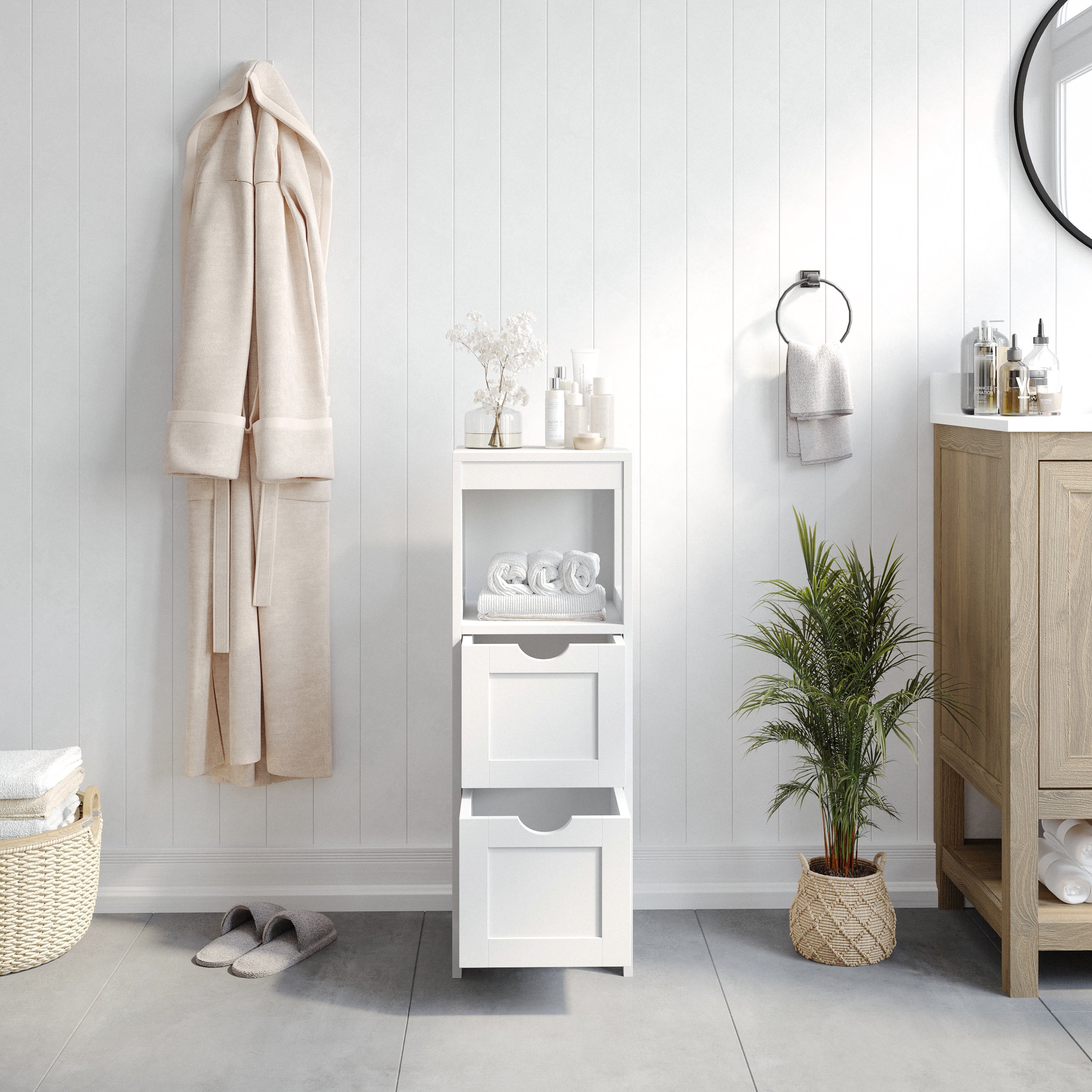 Dune Farmhouse Bathroom Storage Organizer with Two Removable Drawers and Open Display Shelf