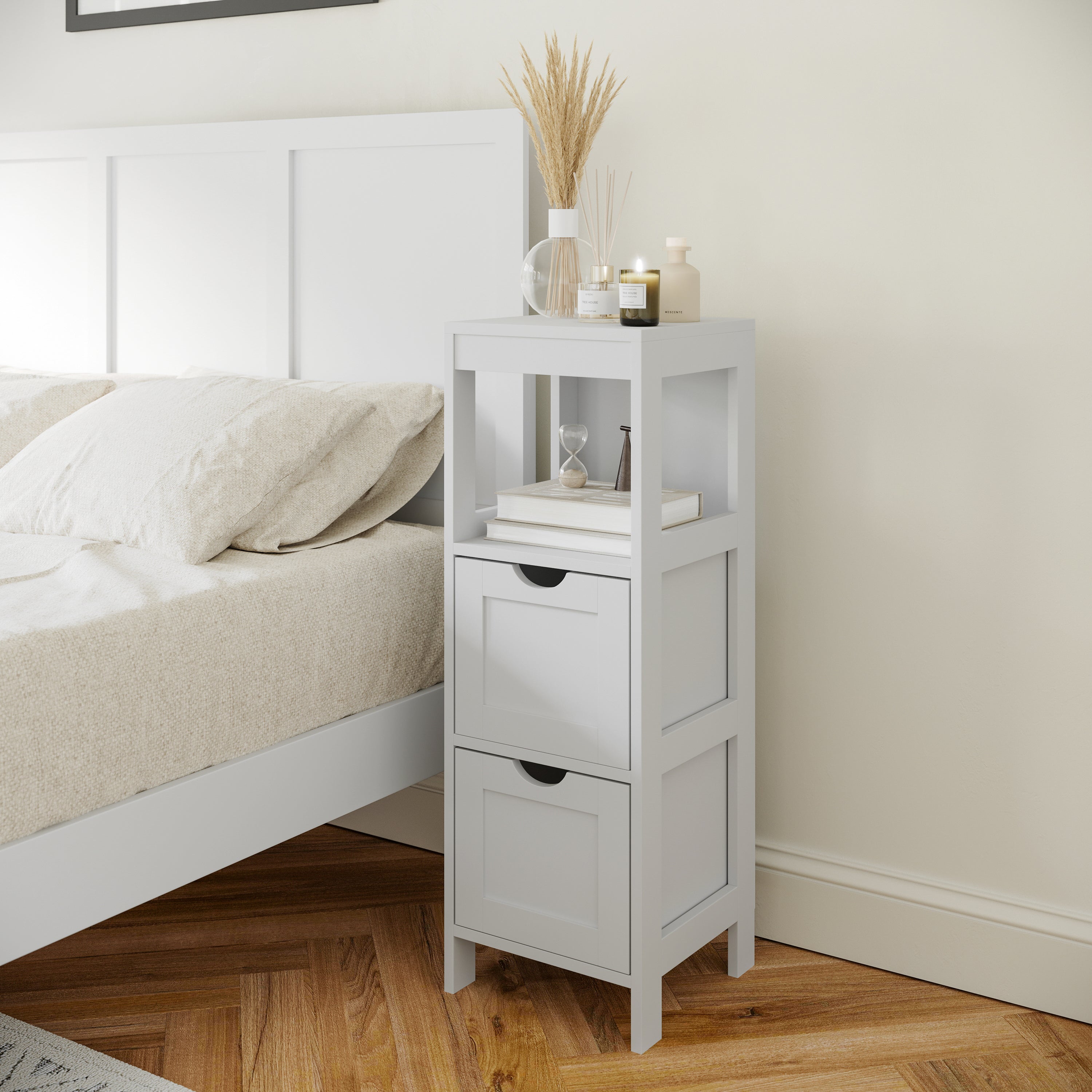 Dune Farmhouse Bathroom Storage Organizer with Two Removable Drawers and Open Display Shelf