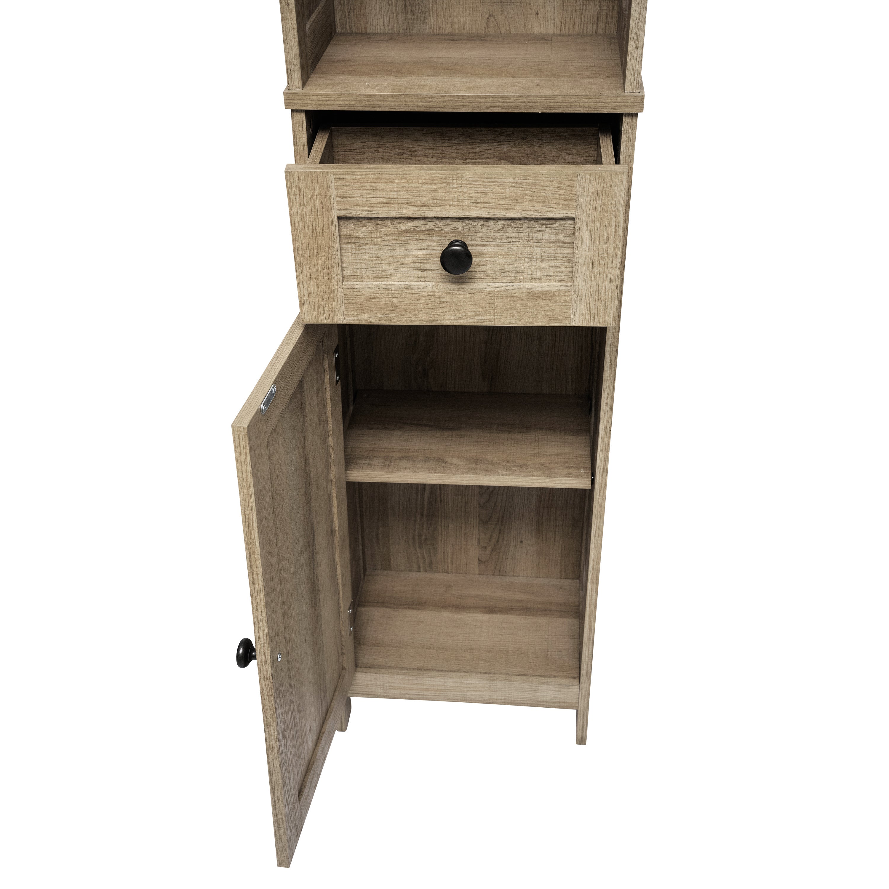 Dune Freestanding Bathroom Linen Tower Storage Cabinet with Magnetic Close Doors, Adjustable Shelves, Open Display Shelf, and Drawer