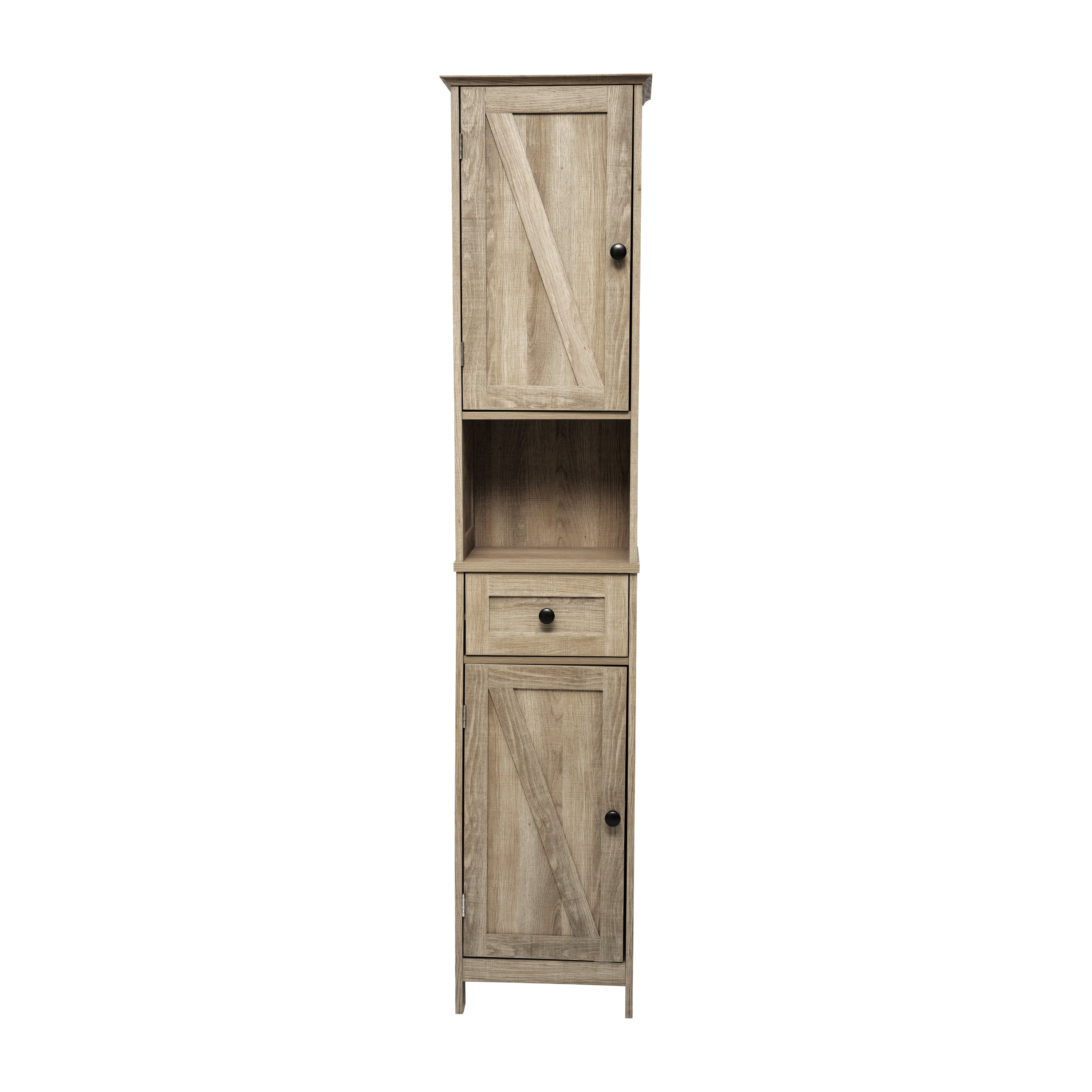 Dune Freestanding Bathroom Linen Tower Storage Cabinet with Magnetic Close Doors, Adjustable Shelves, Open Display Shelf, and Drawer