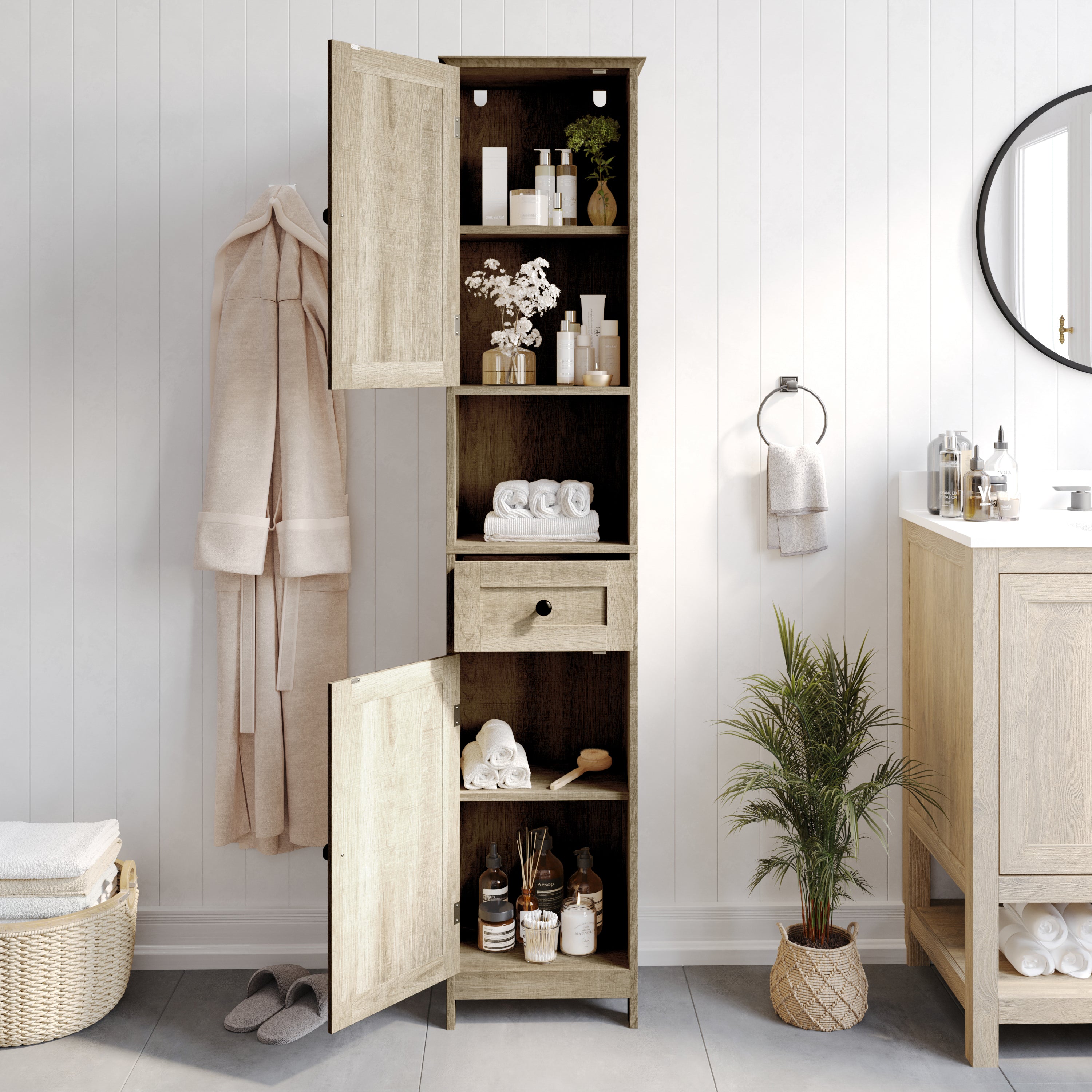 Dune Freestanding Bathroom Linen Tower Storage Cabinet with Magnetic Close Doors, Adjustable Shelves, Open Display Shelf, and Drawer