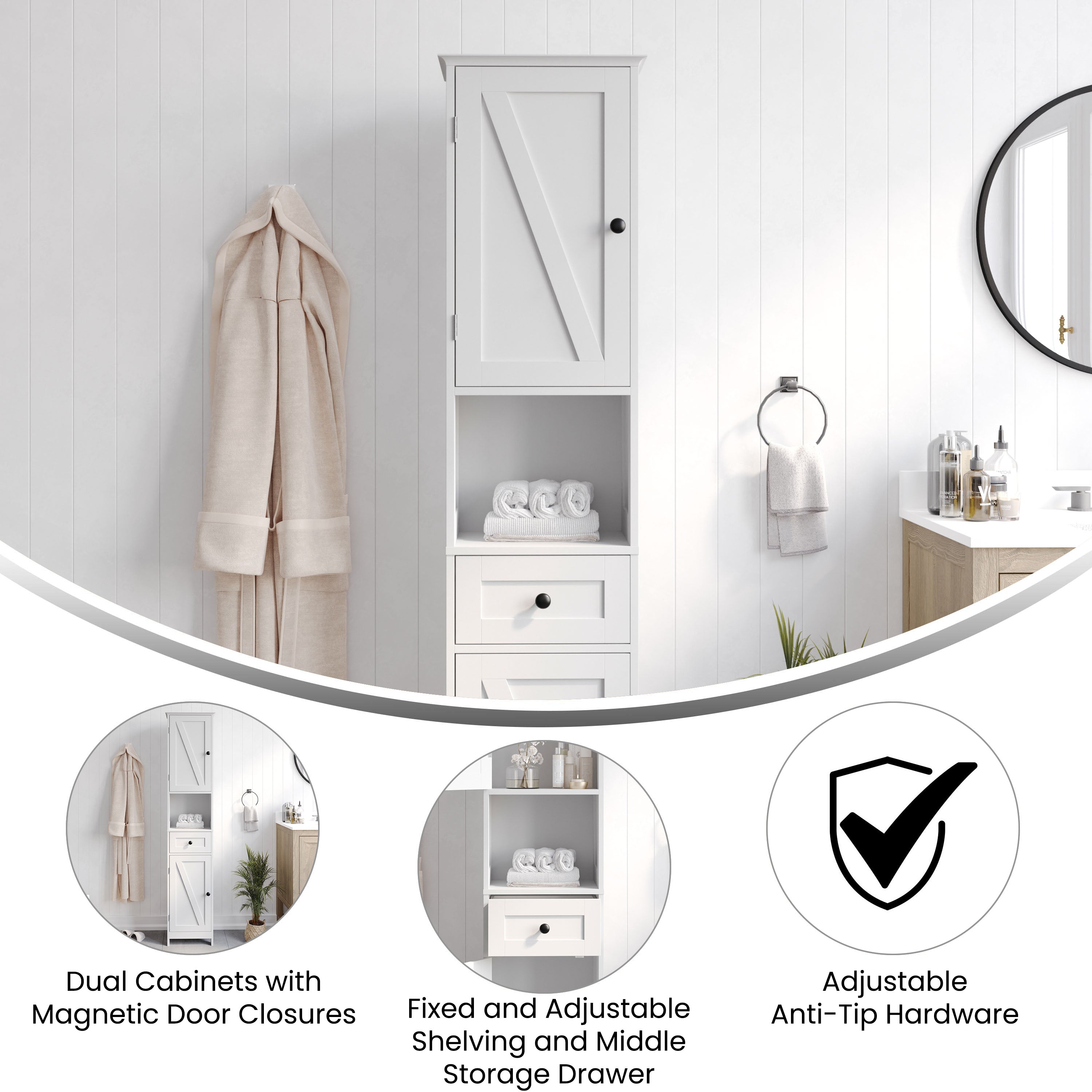 Dune Freestanding Bathroom Linen Tower Storage Cabinet with Magnetic Close Doors, Adjustable Shelves, Open Display Shelf, and Drawer