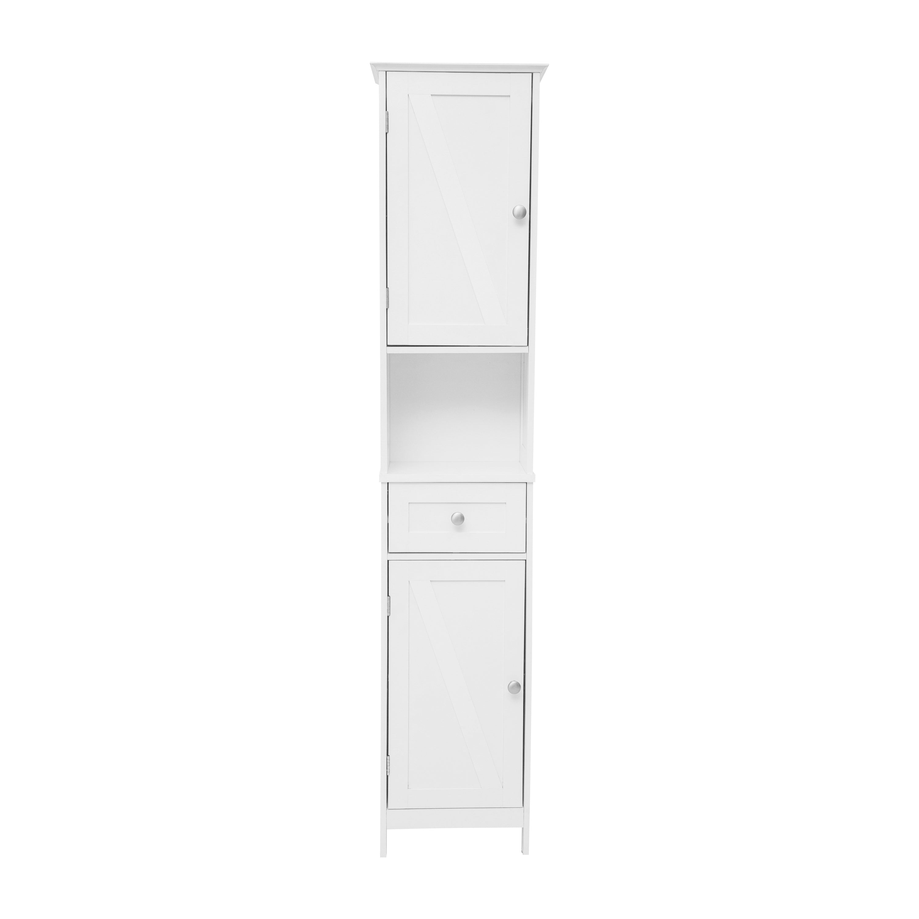 Dune Freestanding Bathroom Linen Tower Storage Cabinet with Magnetic Close Doors, Adjustable Shelves, Open Display Shelf, and Drawer