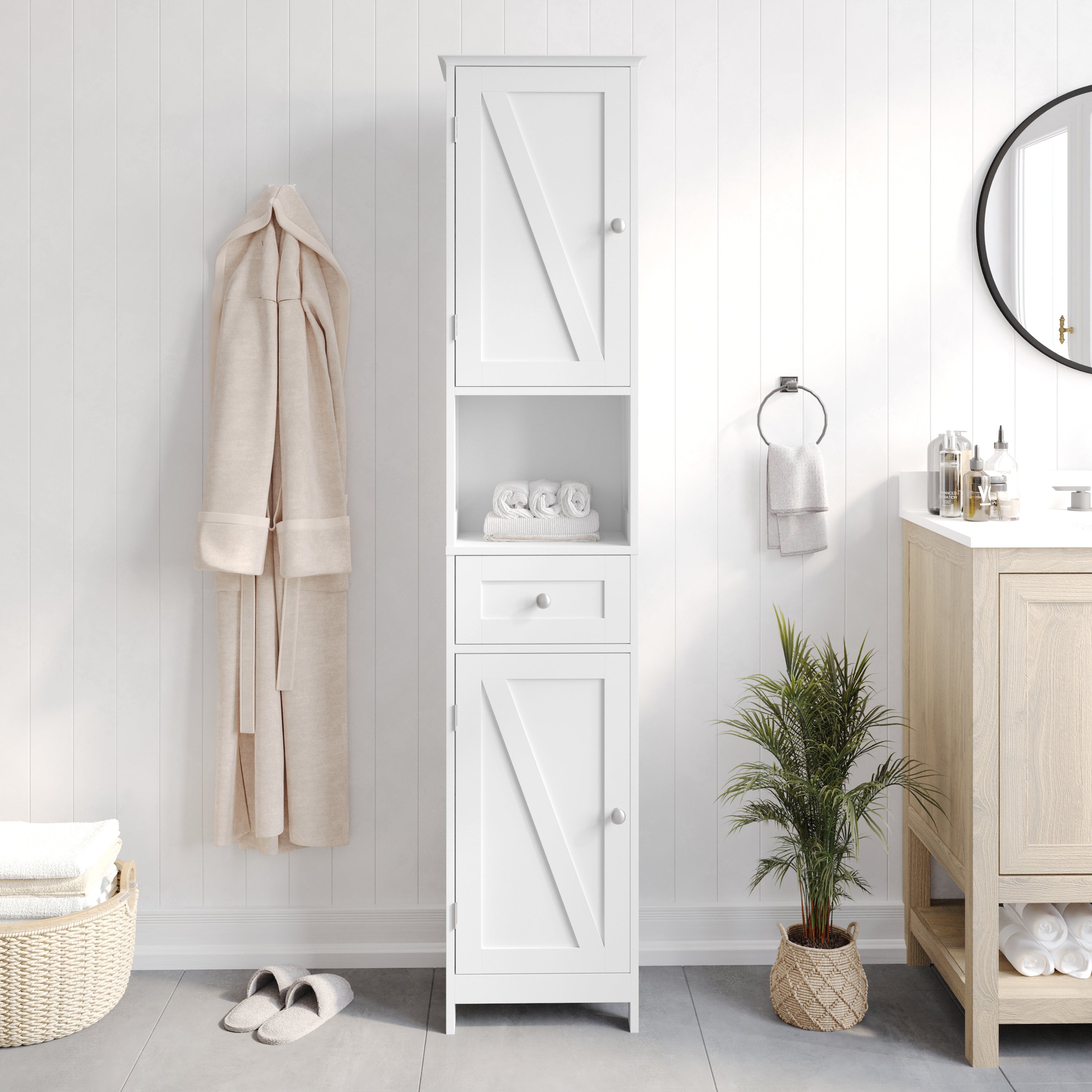 Dune Freestanding Bathroom Linen Tower Storage Cabinet with Magnetic Close Doors, Adjustable Shelves, Open Display Shelf, and Drawer