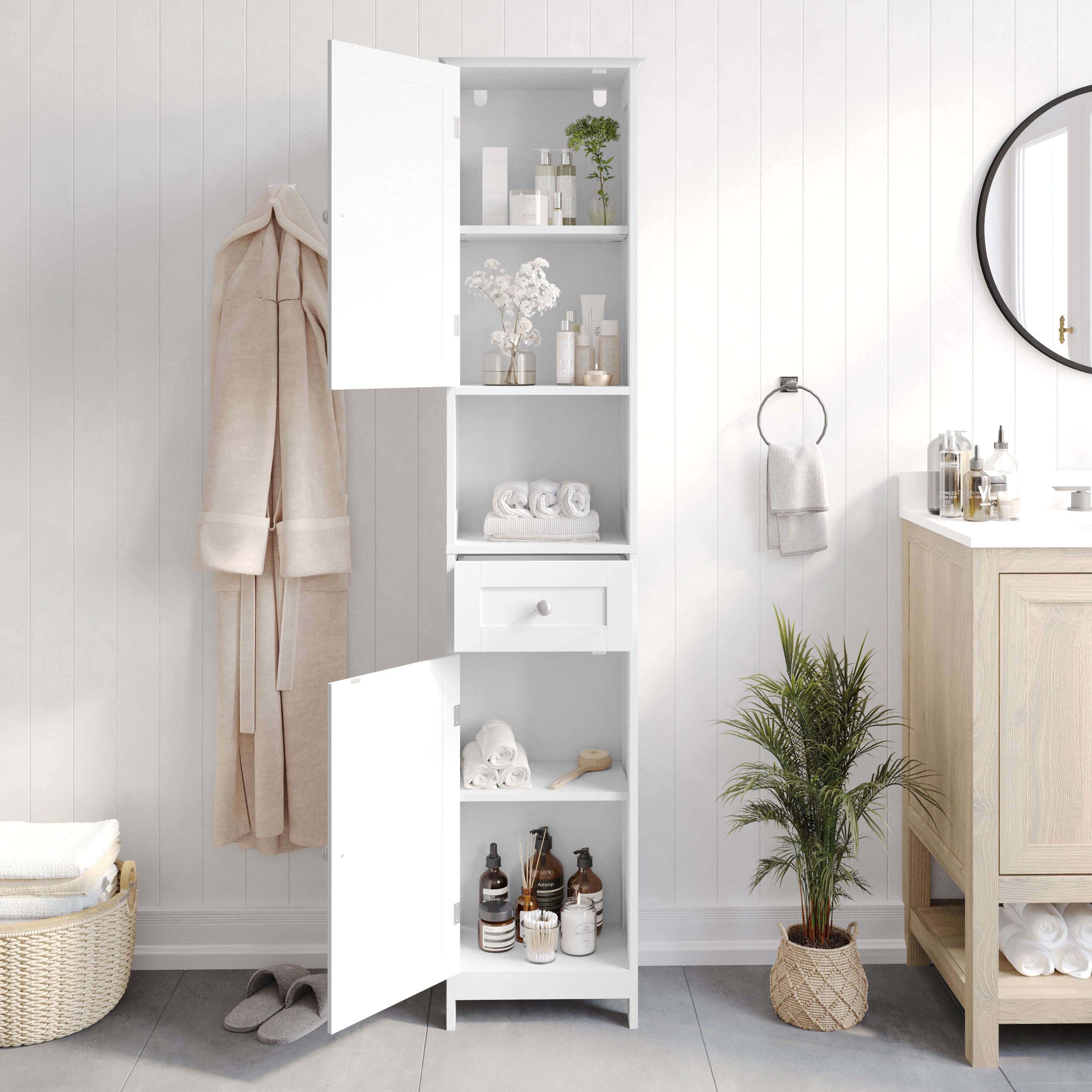 Dune Freestanding Bathroom Linen Tower Storage Cabinet with Magnetic Close Doors, Adjustable Shelves, Open Display Shelf, and Drawer