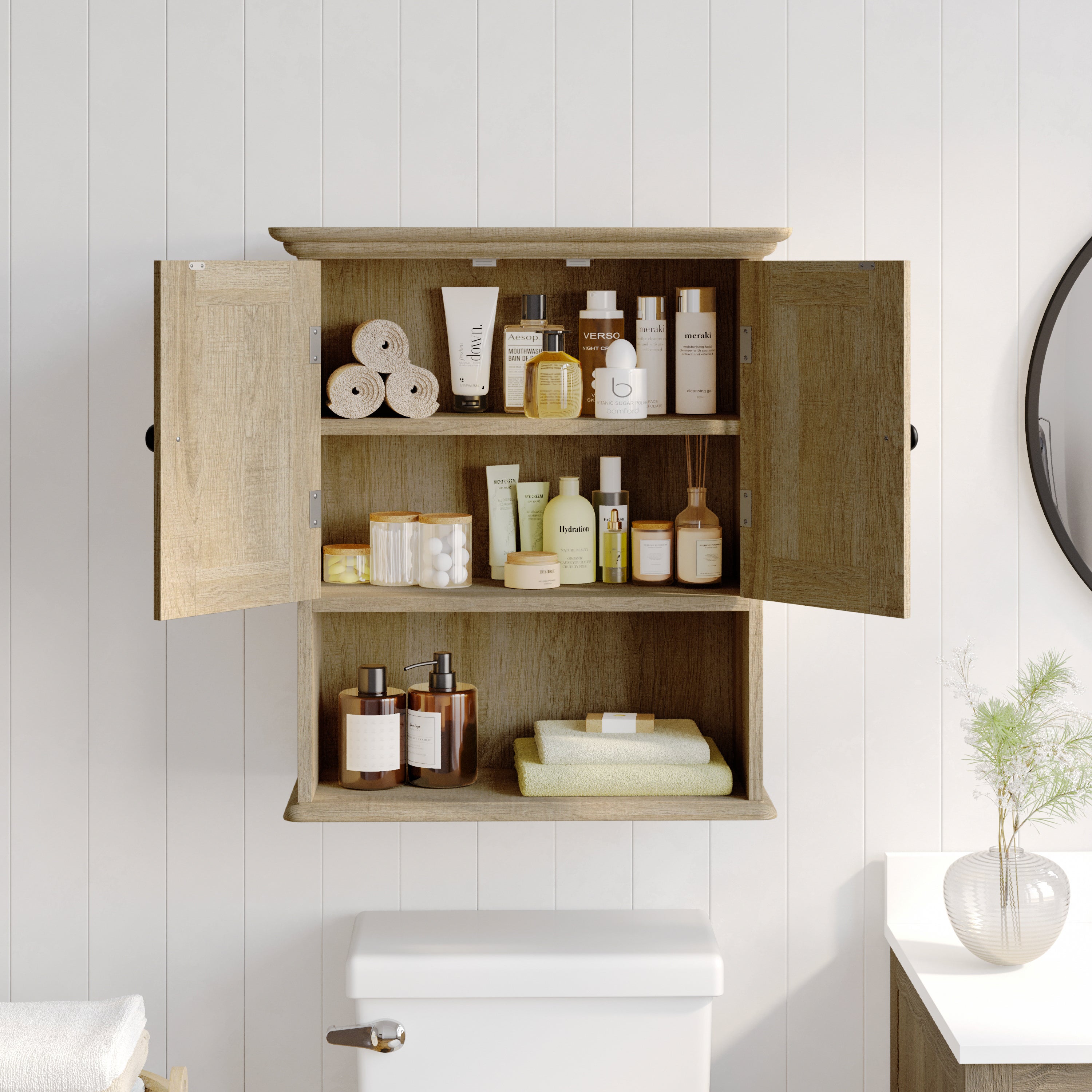 Dune Wall Mounted Bathroom Medicine Cabinet Storage Organizer with Magnetic Closure Doors, Adjustable Shelf, and Lower Open Shelf