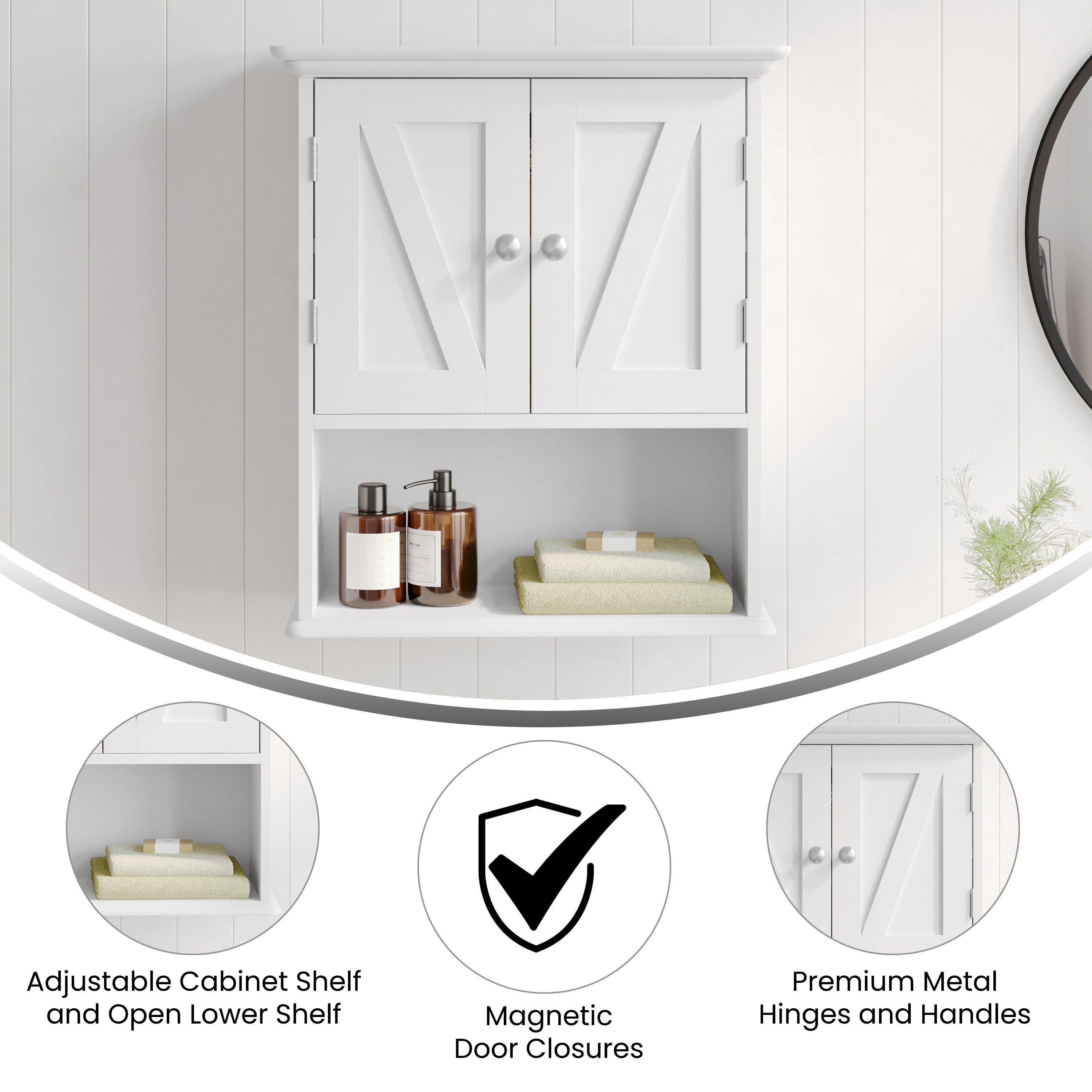 Dune Wall Mounted Bathroom Medicine Cabinet Storage Organizer with Magnetic Closure Doors, Adjustable Shelf, and Lower Open Shelf