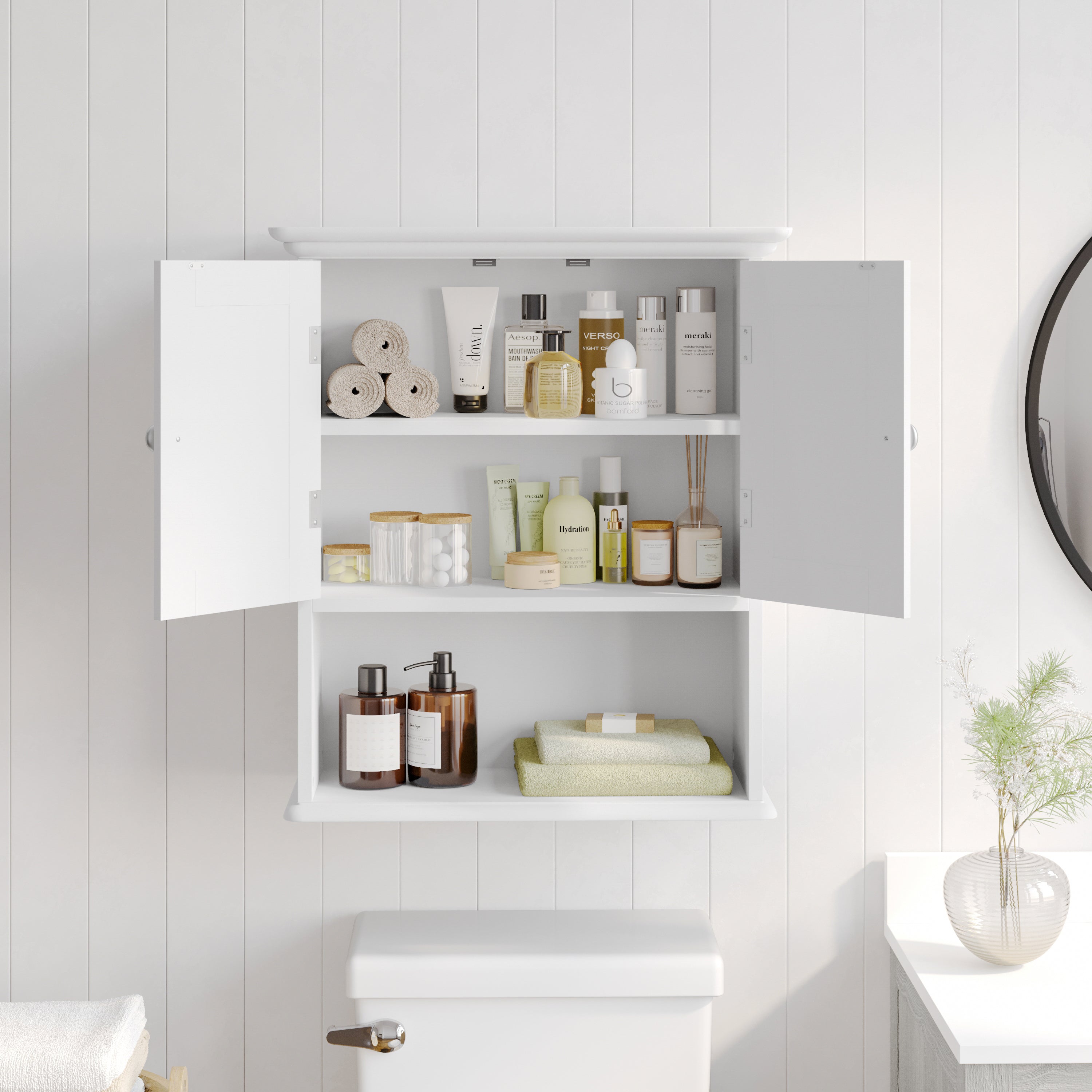 Dune Wall Mounted Bathroom Medicine Cabinet Storage Organizer with Magnetic Closure Doors, Adjustable Shelf, and Lower Open Shelf