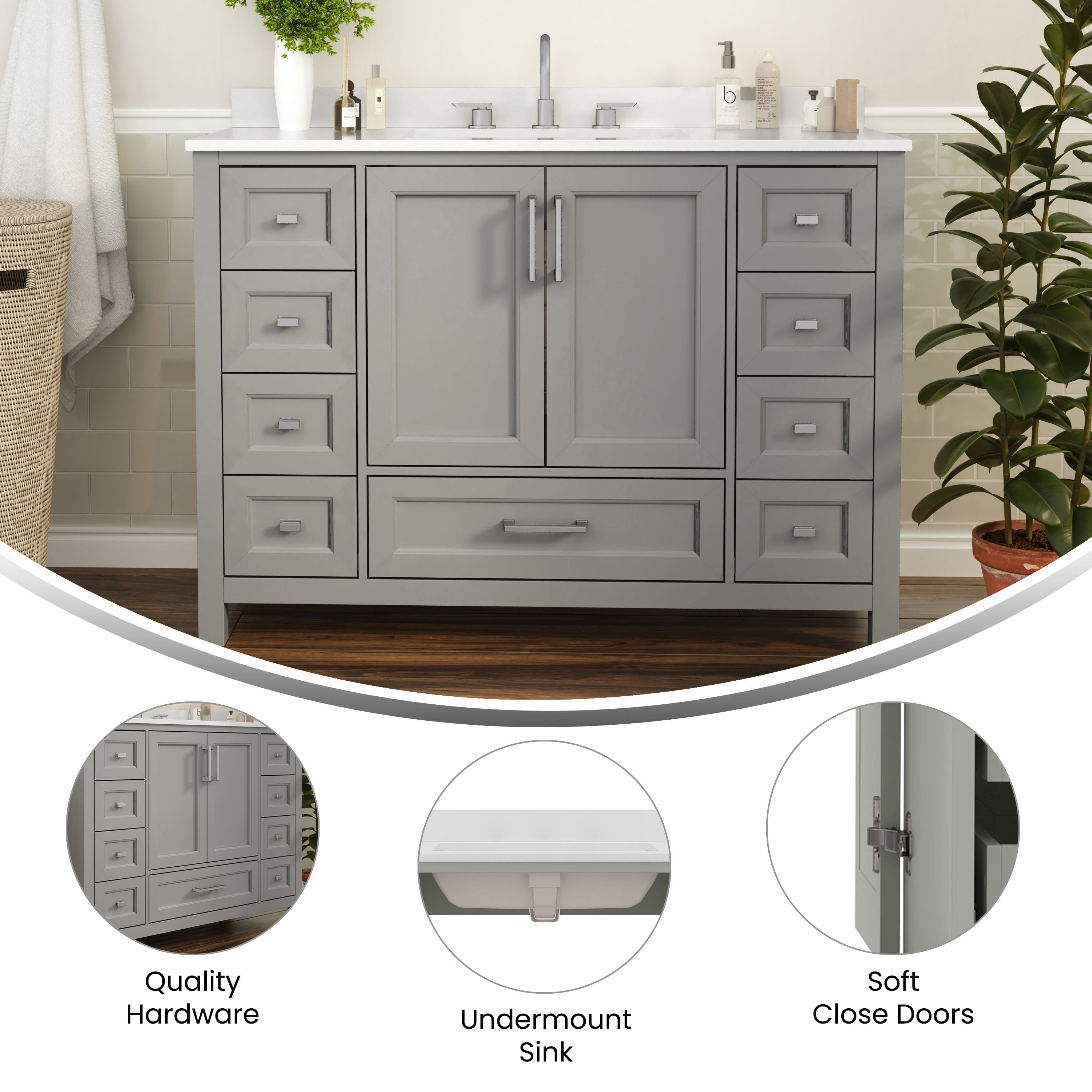 Vega Bathroom Vanity with Sink, Storage Cabinet with Soft Close Doors, and 9 Drawers, Carrara Marble Finish Countertop
