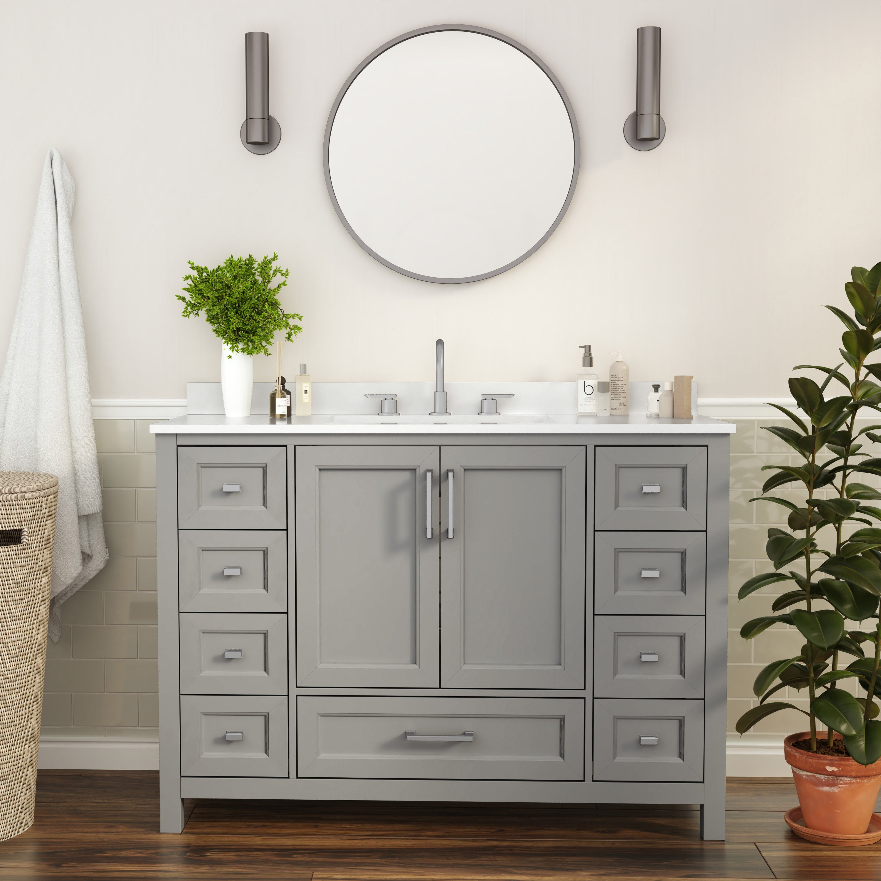Vega Bathroom Vanity with Sink, Storage Cabinet with Soft Close Doors, and 9 Drawers, Carrara Marble Finish Countertop