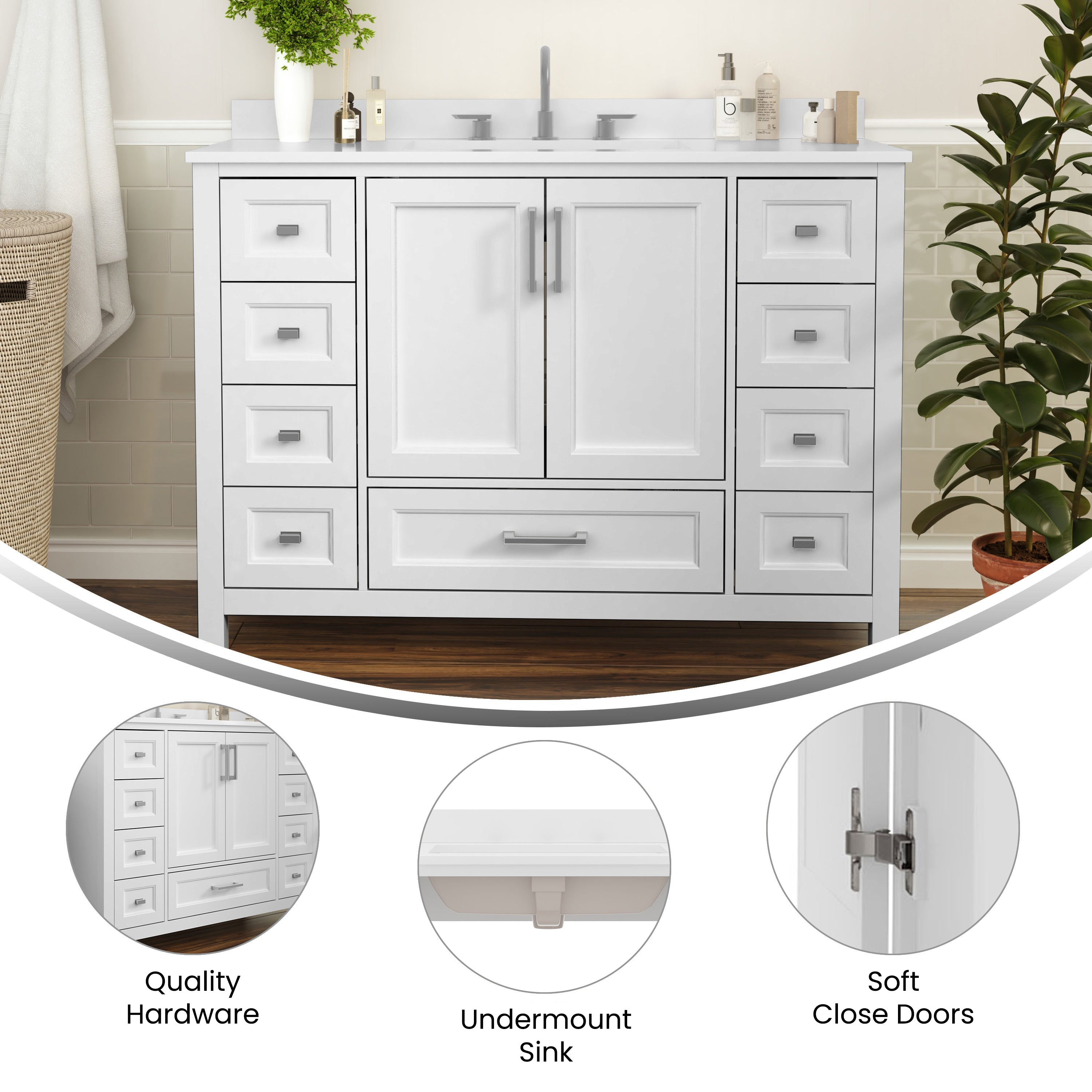 Vega Bathroom Vanity with Sink, Storage Cabinet with Soft Close Doors, and 9 Drawers, Carrara Marble Finish Countertop