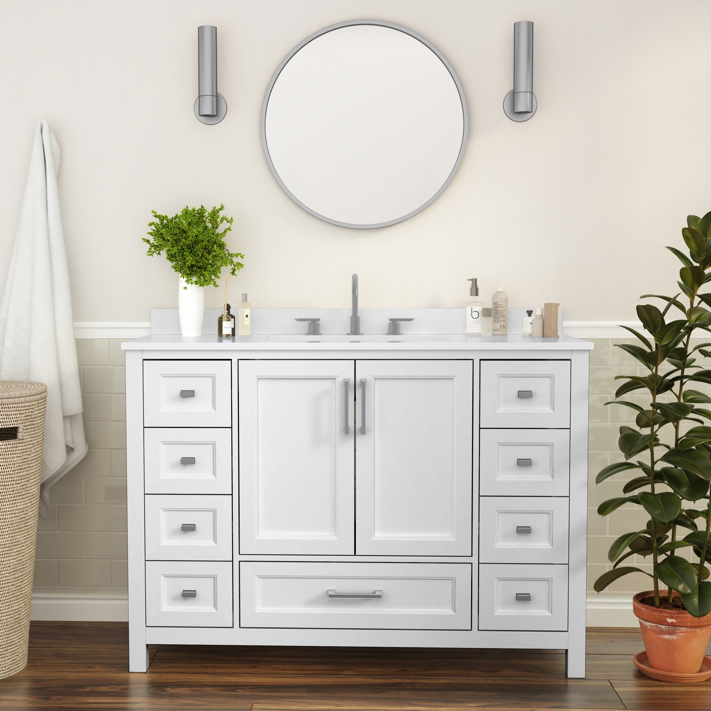 Vega Bathroom Vanity with Sink, Storage Cabinet with Soft Close Doors, and 9 Drawers, Carrara Marble Finish Countertop