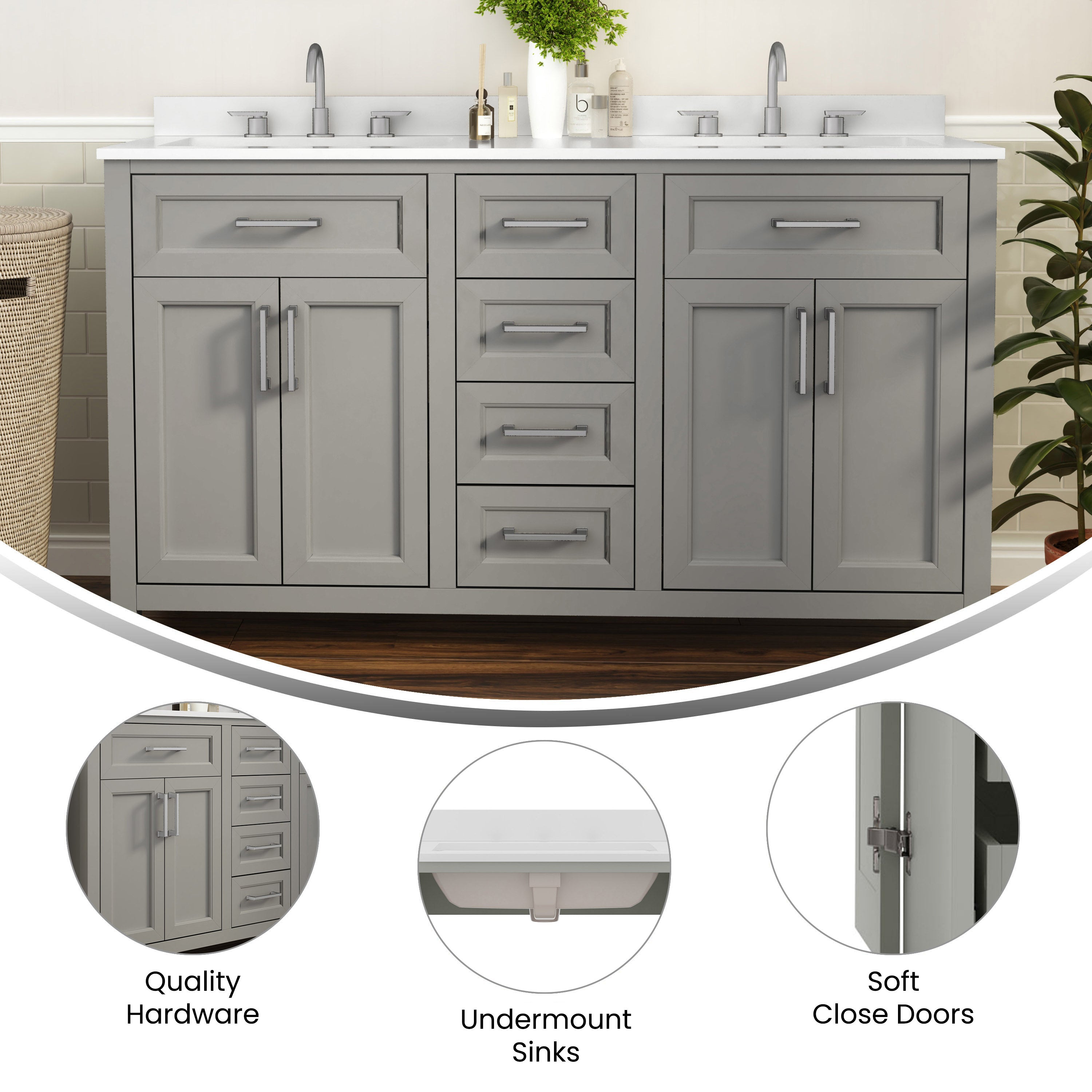 Vega Bathroom Double Vanity with 2 Sinks, 2 Storage Cabinets with Soft Close Doors, and 6 Drawers, Carrara Marble Finish Countertop