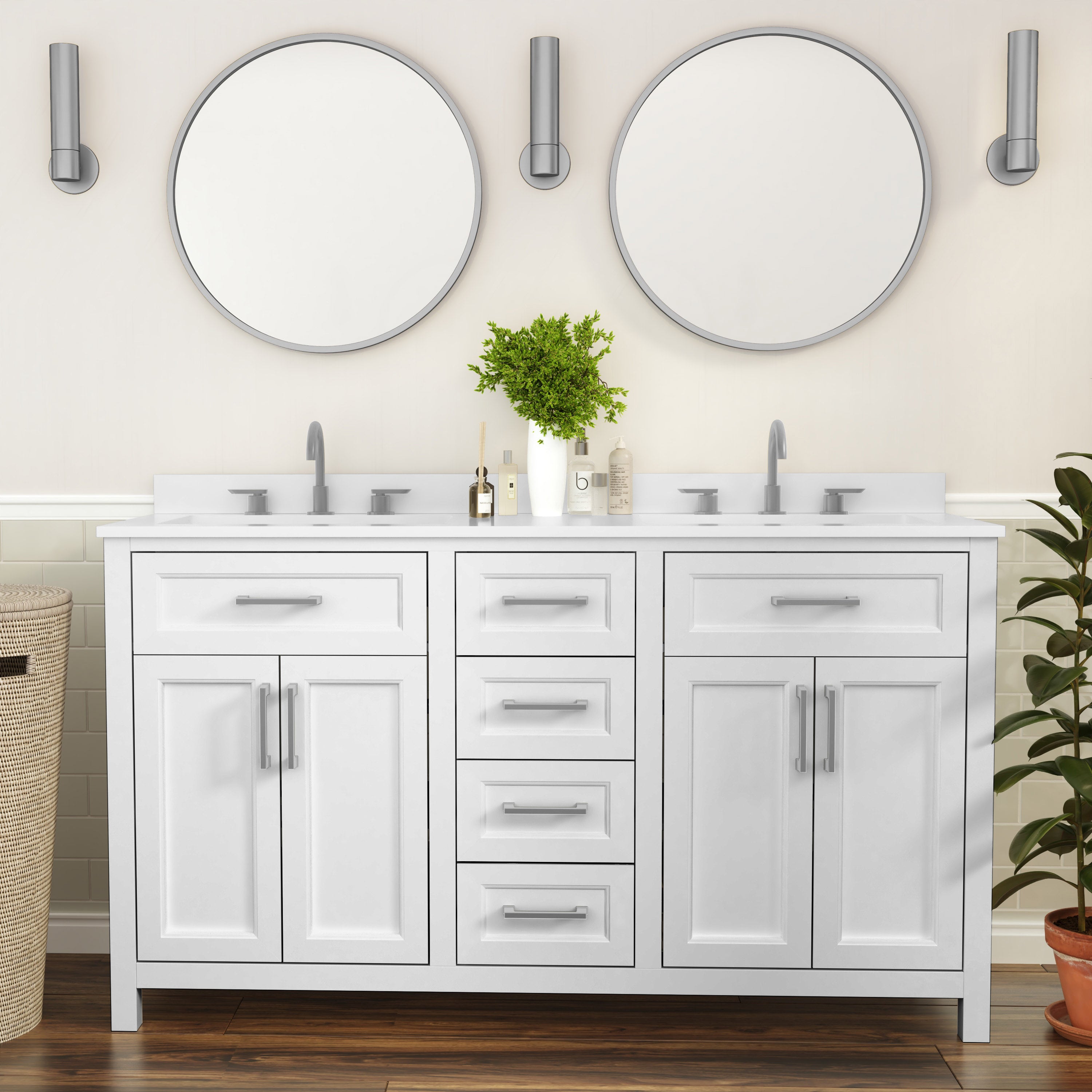 Vega Bathroom Double Vanity with 2 Sinks, 2 Storage Cabinets with Soft Close Doors, and 6 Drawers, Carrara Marble Finish Countertop