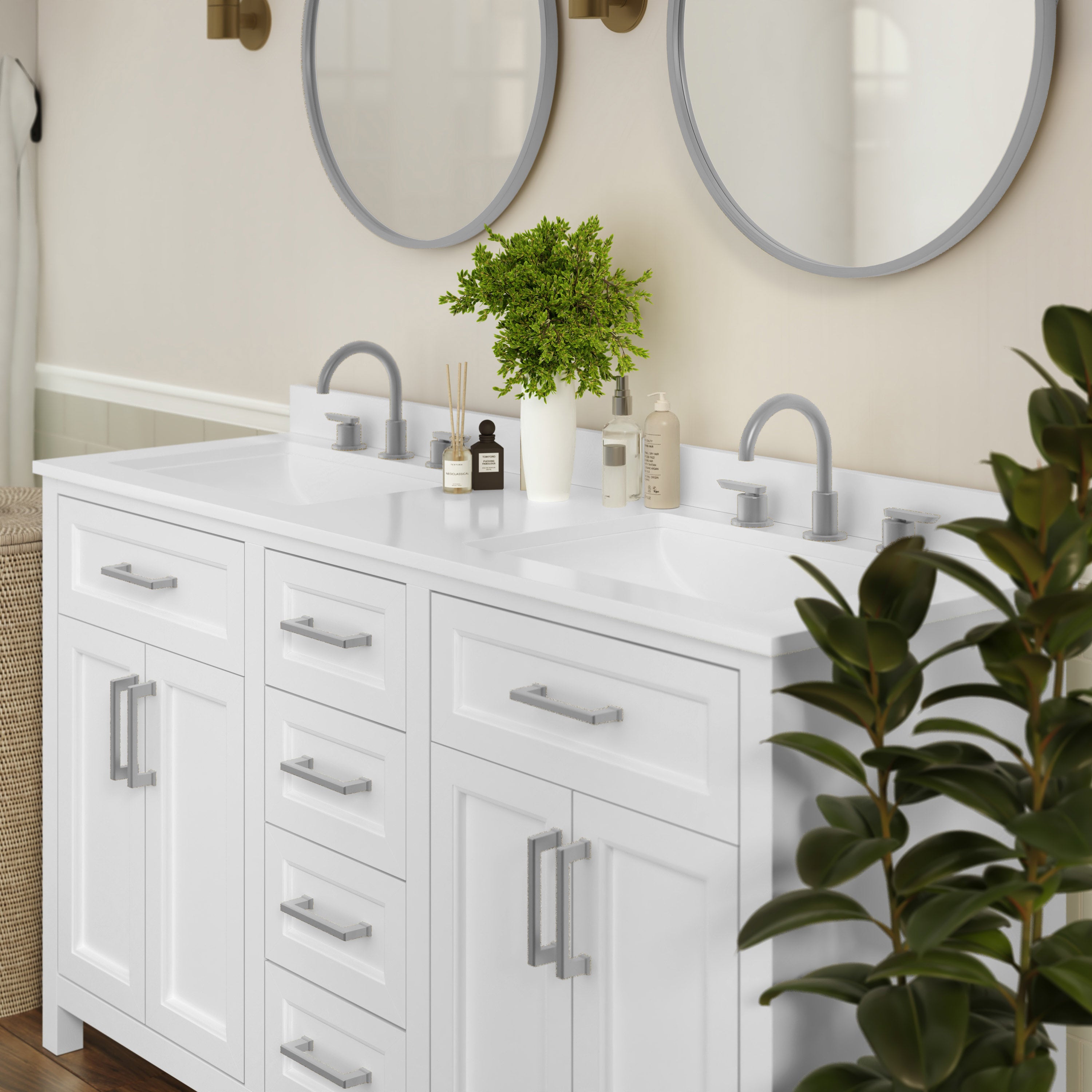 Vega Bathroom Double Vanity with 2 Sinks, 2 Storage Cabinets with Soft Close Doors, and 6 Drawers, Carrara Marble Finish Countertop