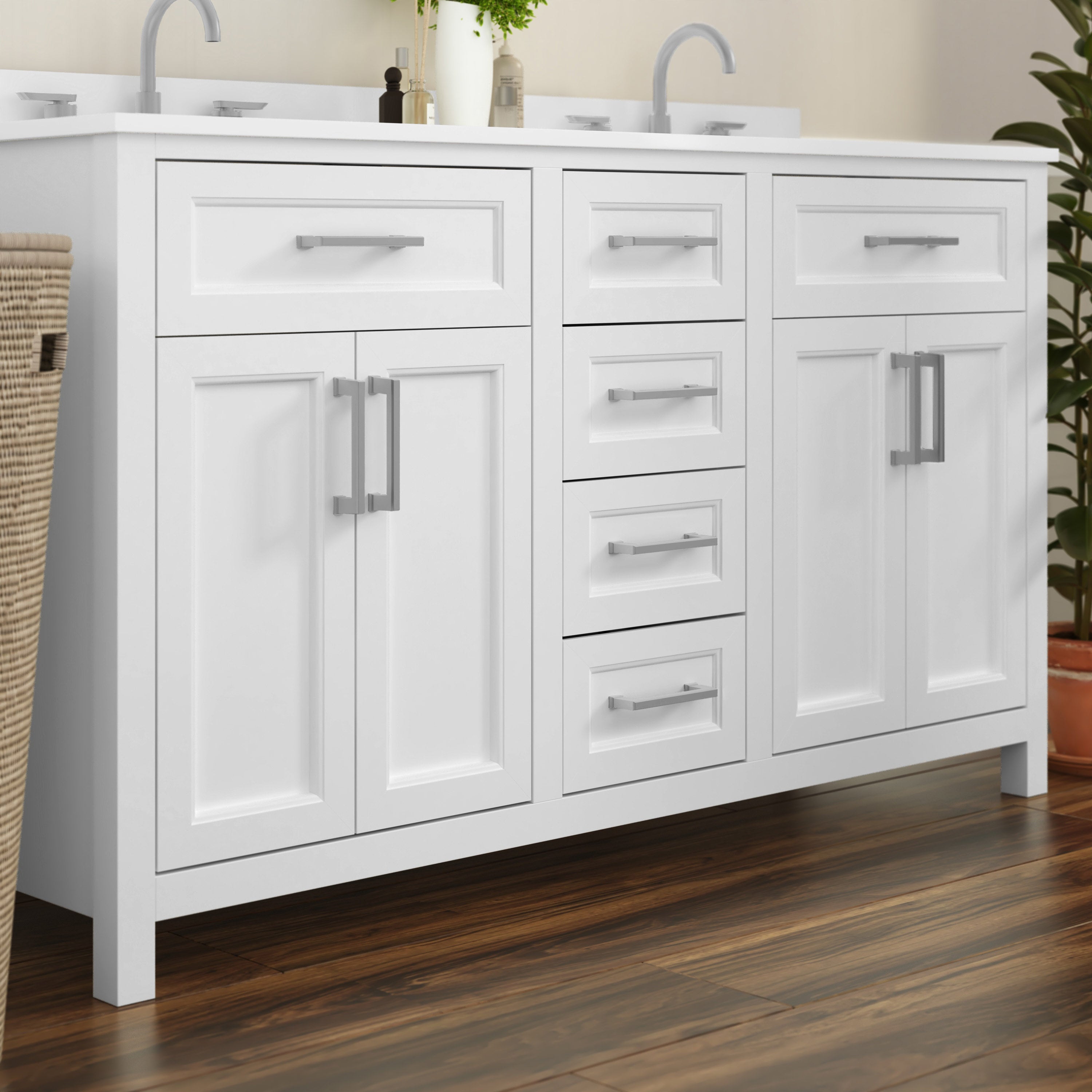 Vega Bathroom Double Vanity with 2 Sinks, 2 Storage Cabinets with Soft Close Doors, and 6 Drawers, Carrara Marble Finish Countertop