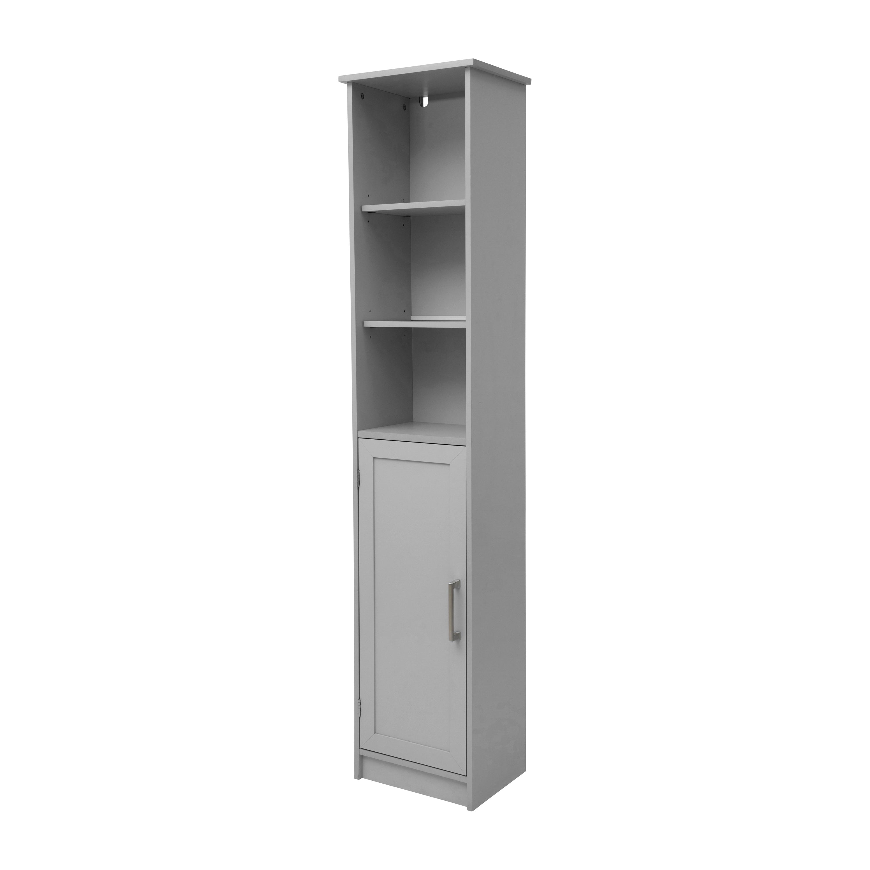Vega Freestanding Narrow Bathroom Linen Tower Storage Cabinet Organizer with Door, In-Cabinet Adjustable Shelf, and Upper Open Shelves