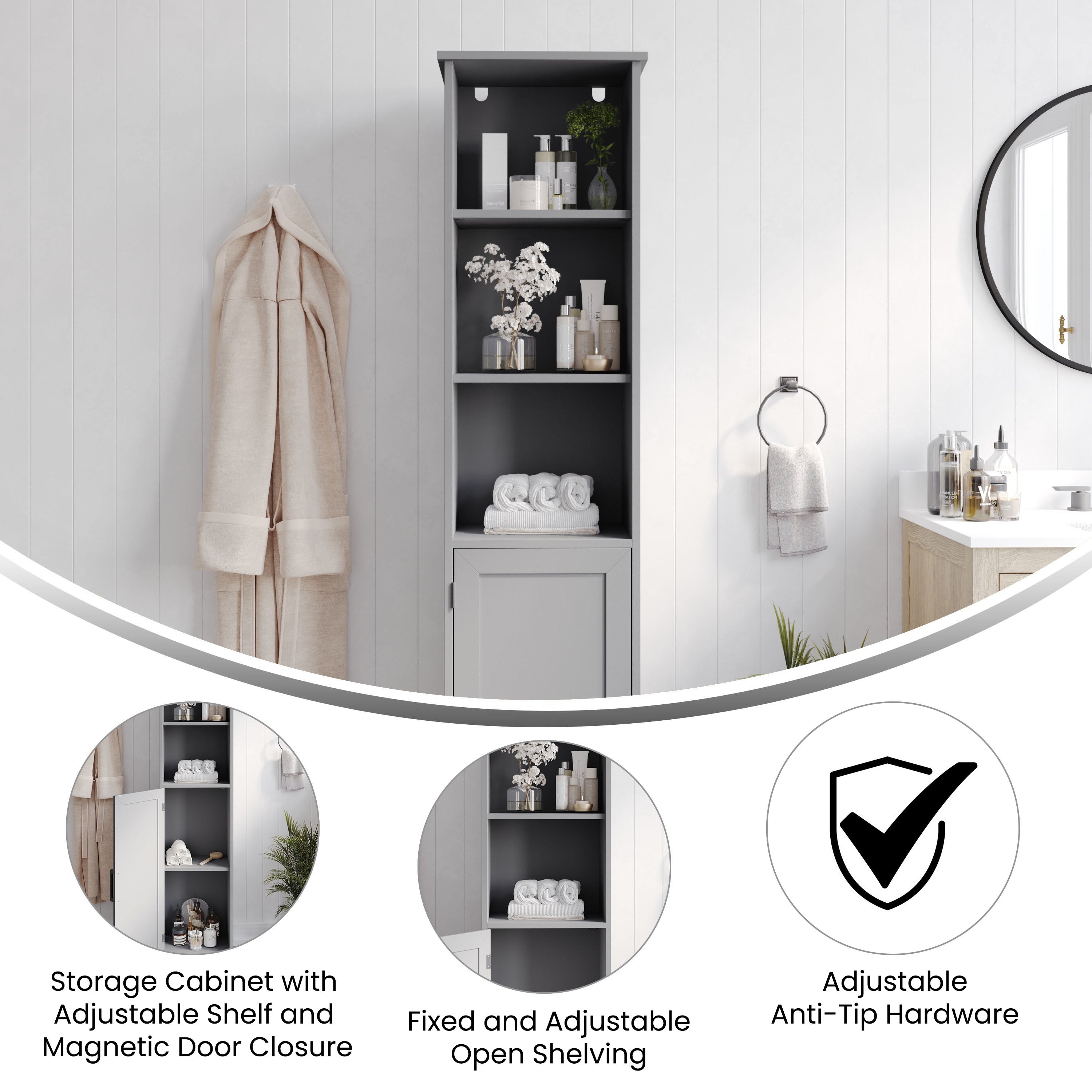 Vega Freestanding Narrow Bathroom Linen Tower Storage Cabinet Organizer with Door, In-Cabinet Adjustable Shelf, and Upper Open Shelves