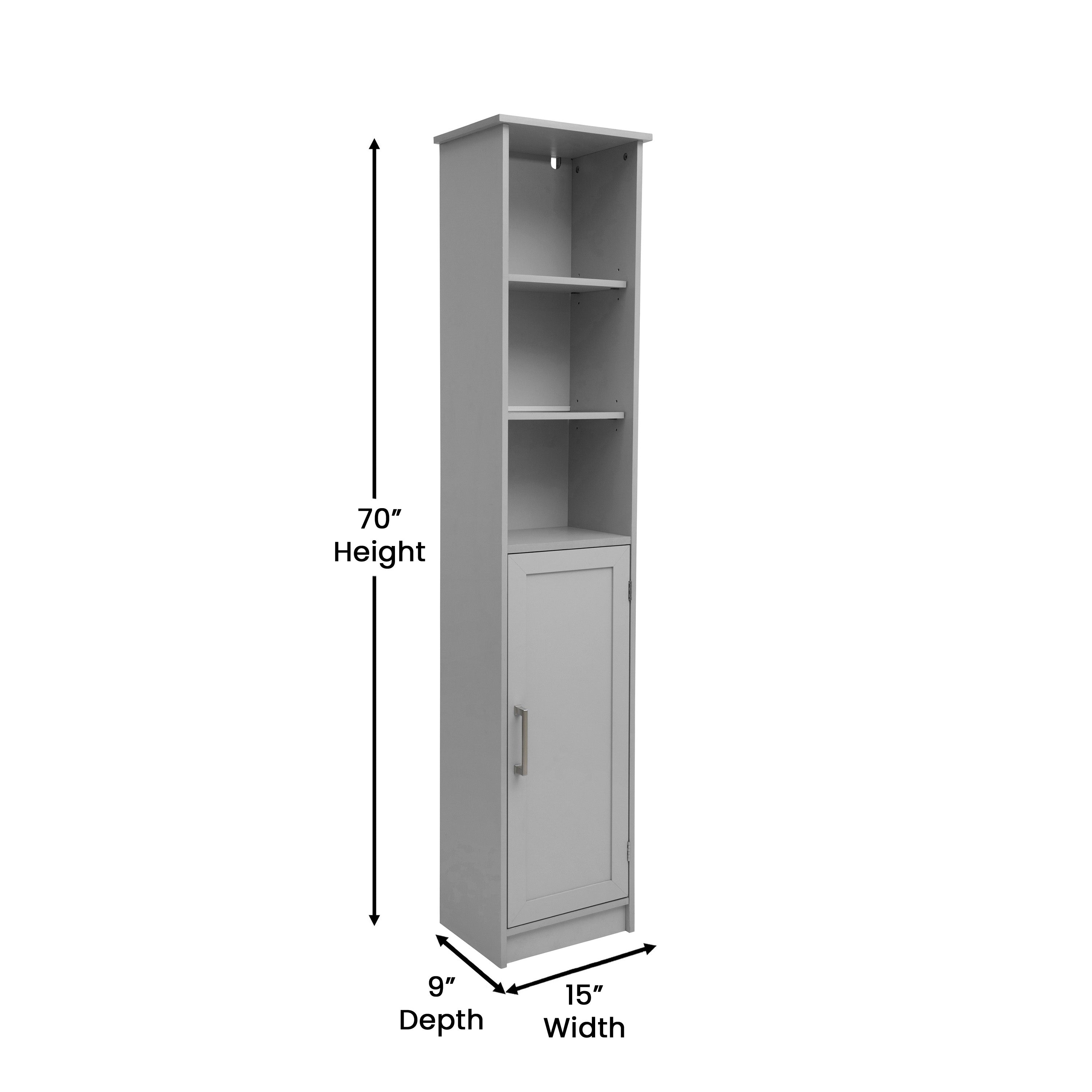 Vega Freestanding Narrow Bathroom Linen Tower Storage Cabinet Organizer with Door, In-Cabinet Adjustable Shelf, and Upper Open Shelves