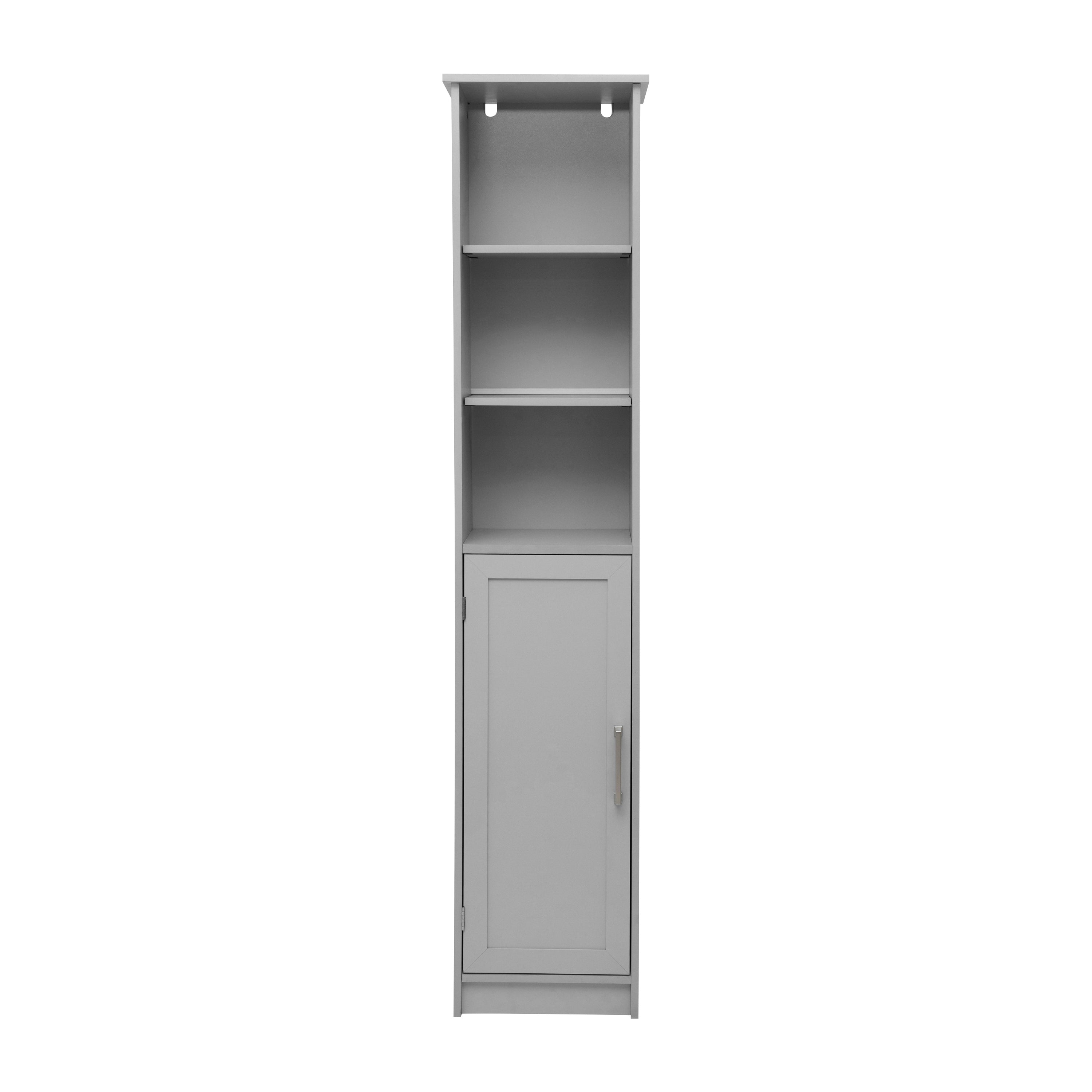 Vega Freestanding Narrow Bathroom Linen Tower Storage Cabinet Organizer with Door, In-Cabinet Adjustable Shelf, and Upper Open Shelves