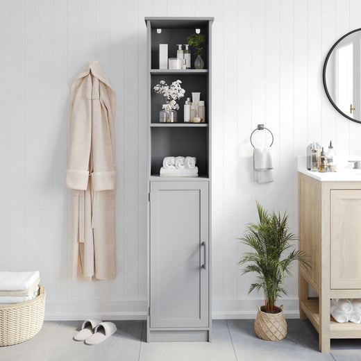 Vega Freestanding Narrow Bathroom Linen Tower Storage Cabinet Organizer with Door, In-Cabinet Adjustable Shelf, and Upper Open Shelves
