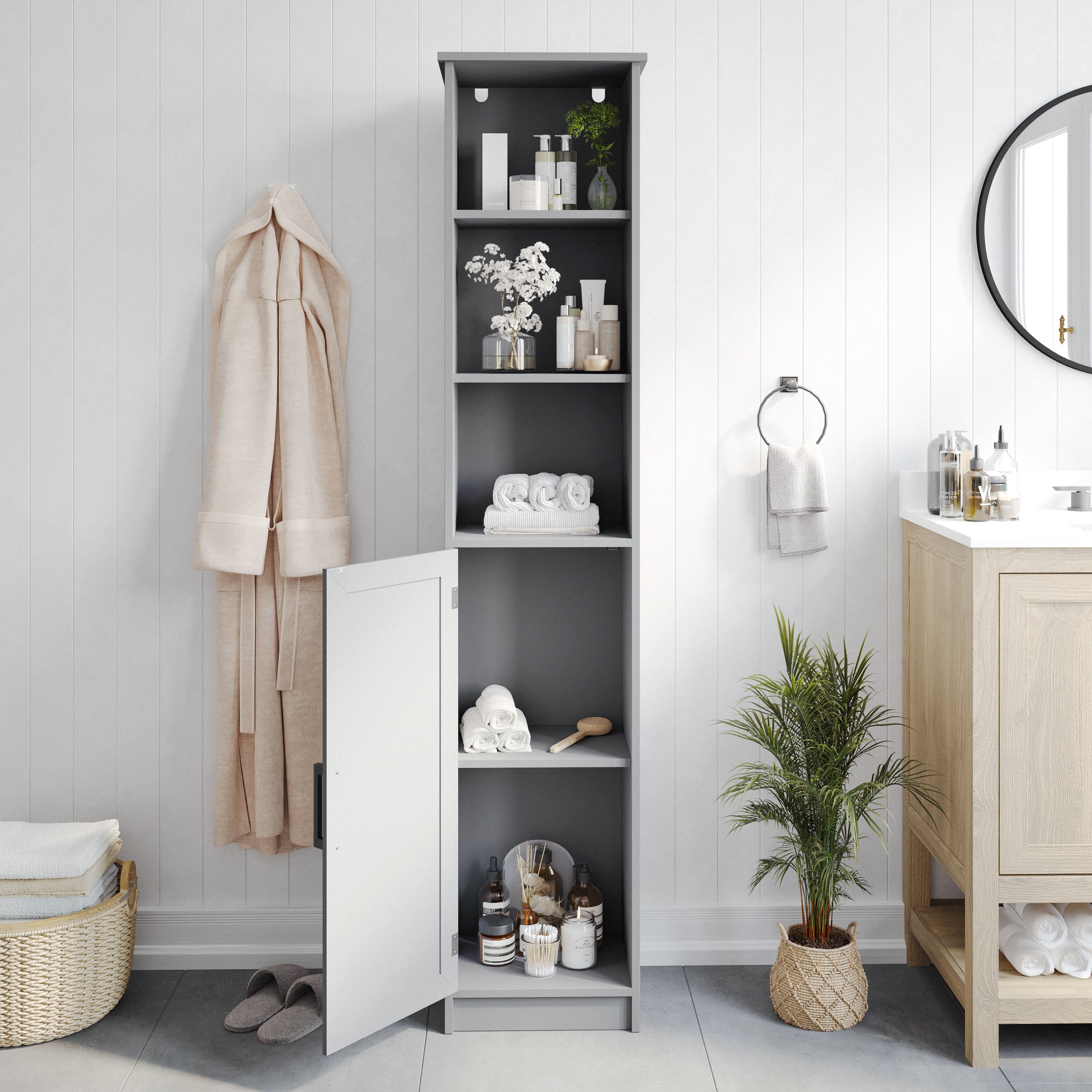 Vega Freestanding Narrow Bathroom Linen Tower Storage Cabinet Organizer with Door, In-Cabinet Adjustable Shelf, and Upper Open Shelves