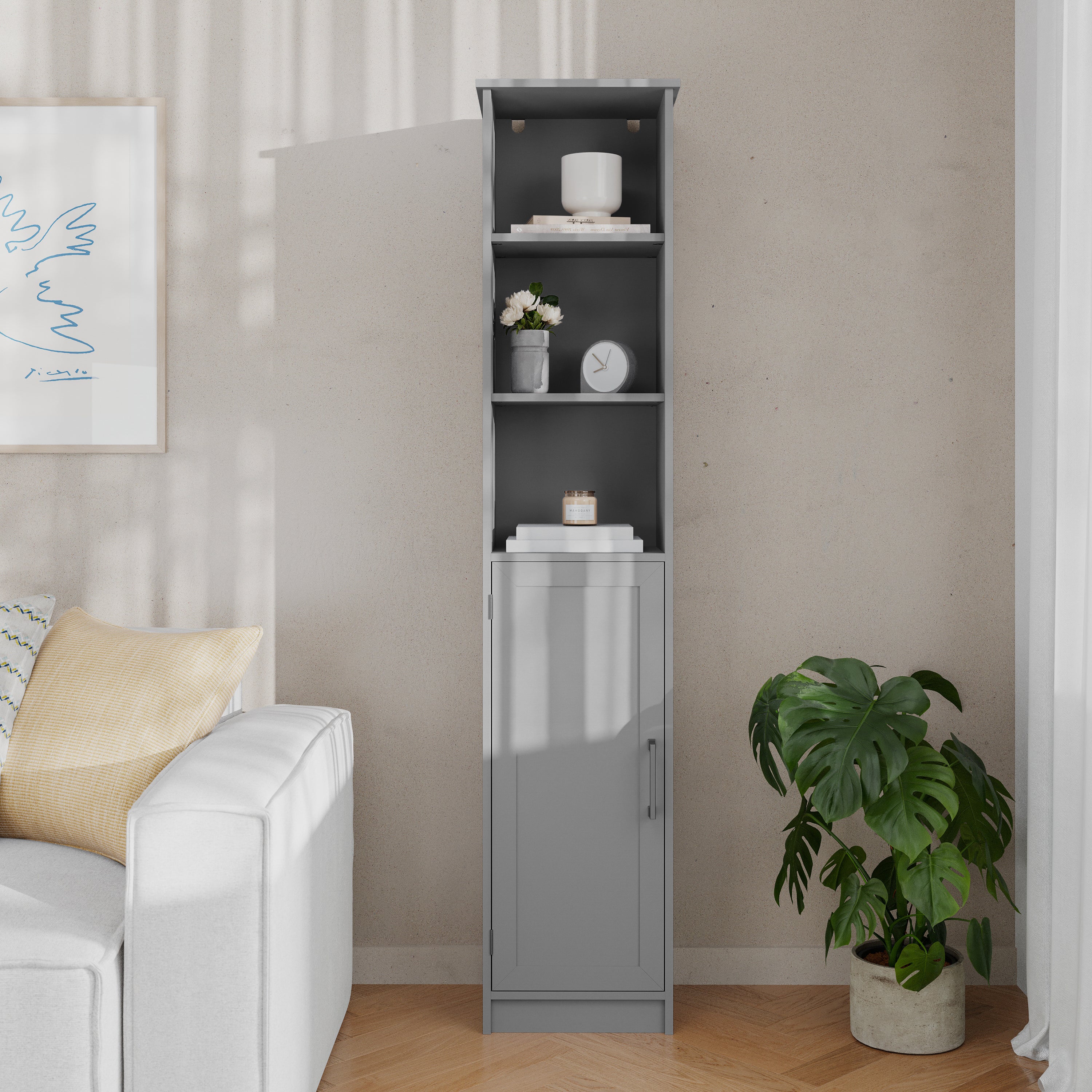 Vega Freestanding Narrow Bathroom Linen Tower Storage Cabinet Organizer with Door, In-Cabinet Adjustable Shelf, and Upper Open Shelves