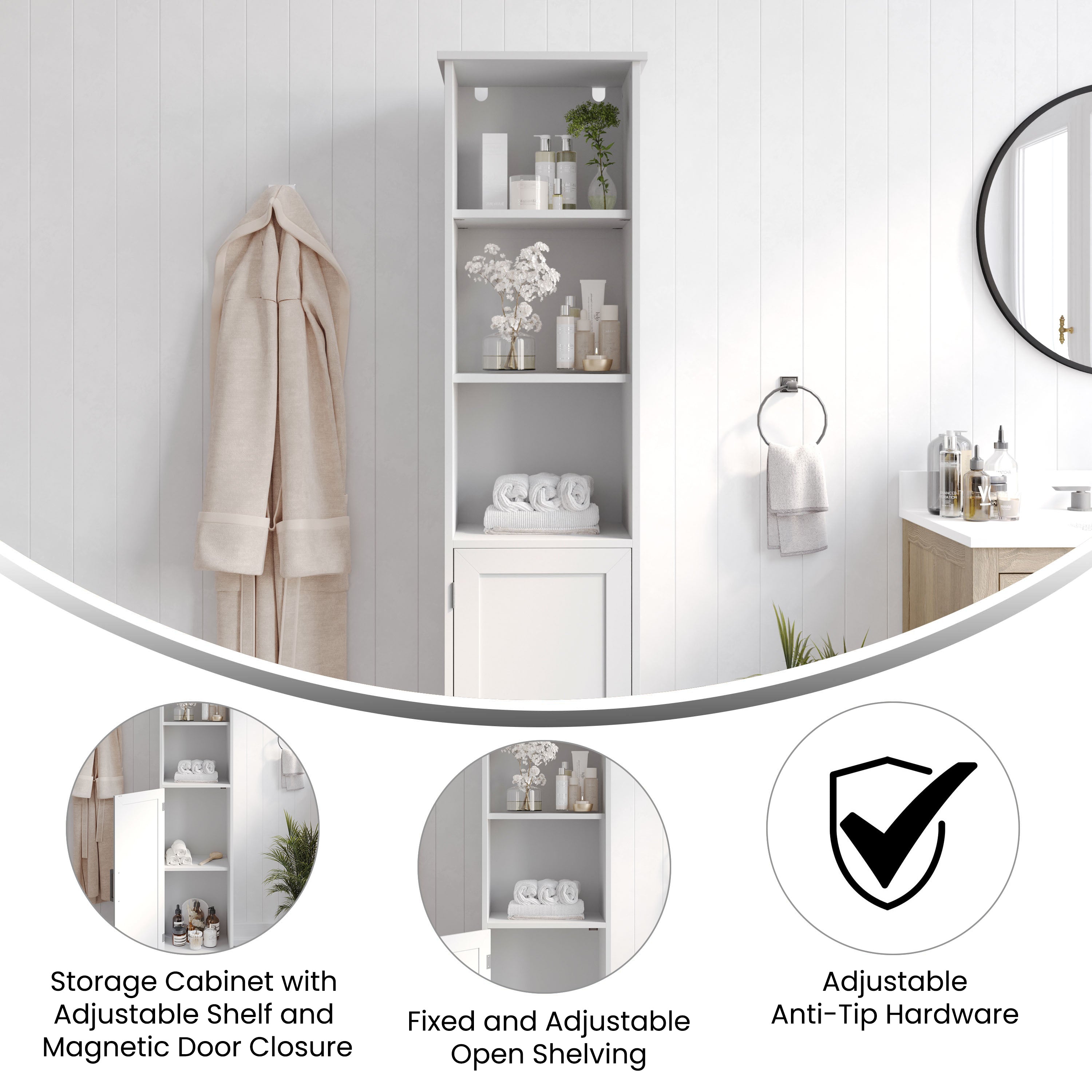 Vega Freestanding Narrow Bathroom Linen Tower Storage Cabinet Organizer with Door, In-Cabinet Adjustable Shelf, and Upper Open Shelves