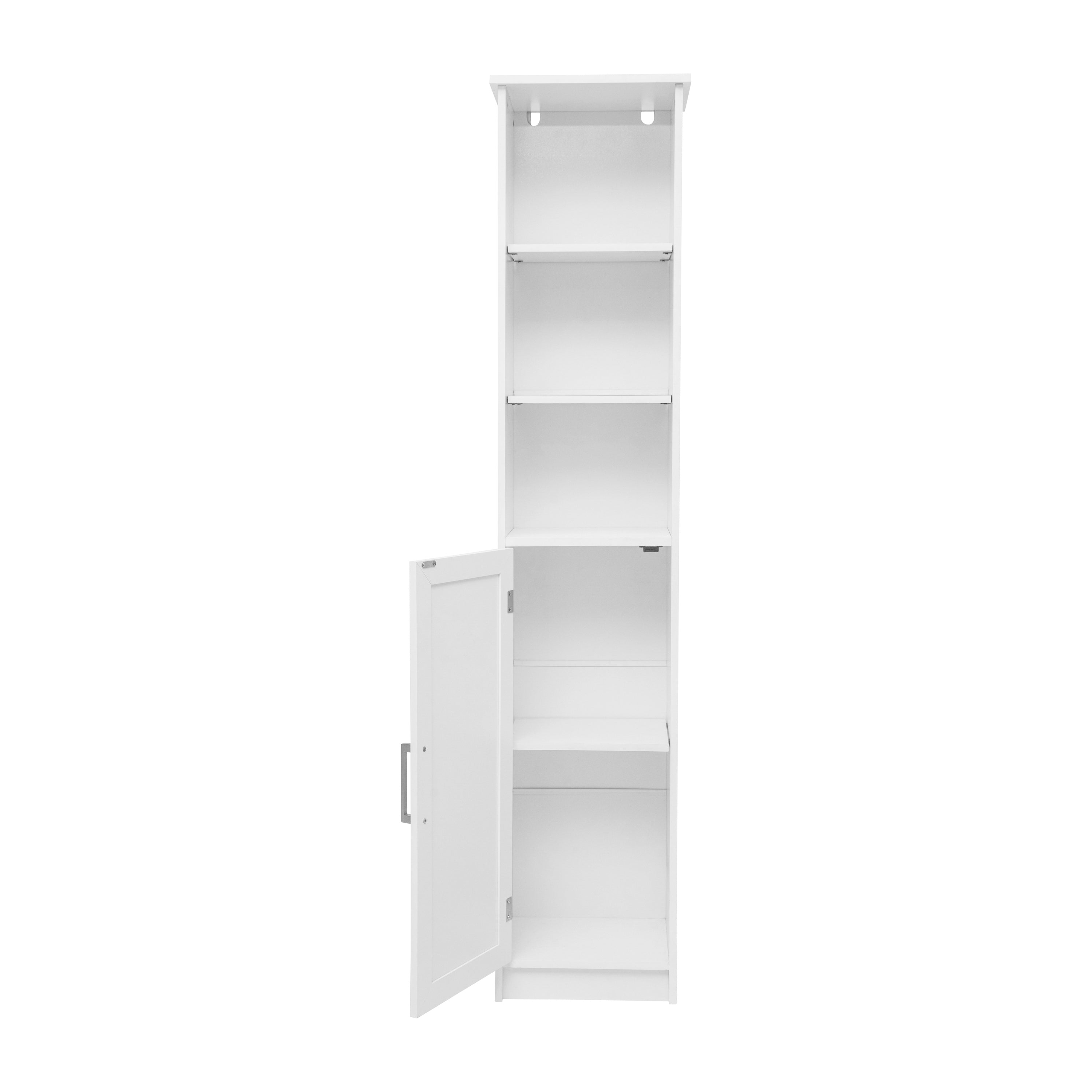 Vega Freestanding Narrow Bathroom Linen Tower Storage Cabinet Organizer with Door, In-Cabinet Adjustable Shelf, and Upper Open Shelves
