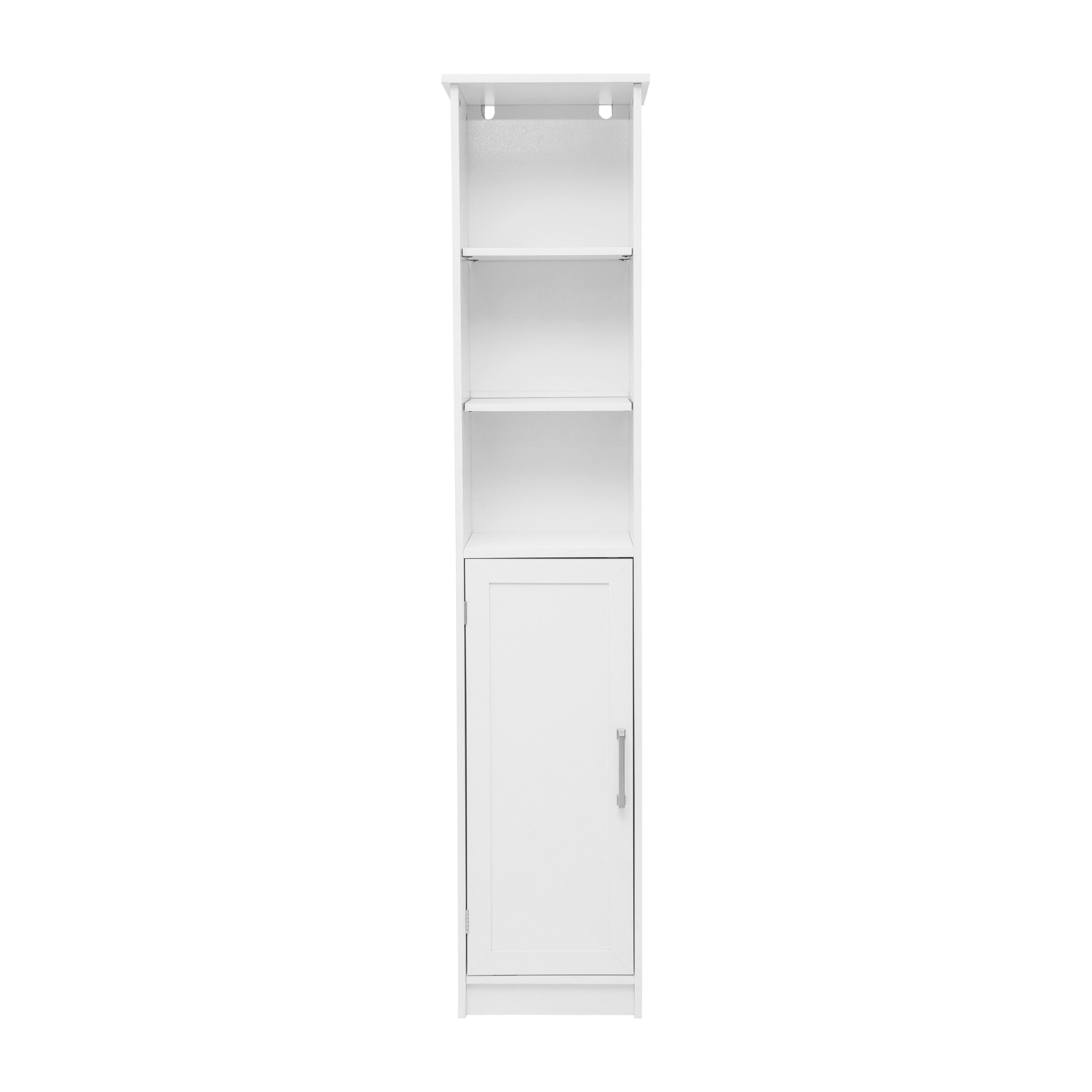 Vega Freestanding Narrow Bathroom Linen Tower Storage Cabinet Organizer with Door, In-Cabinet Adjustable Shelf, and Upper Open Shelves