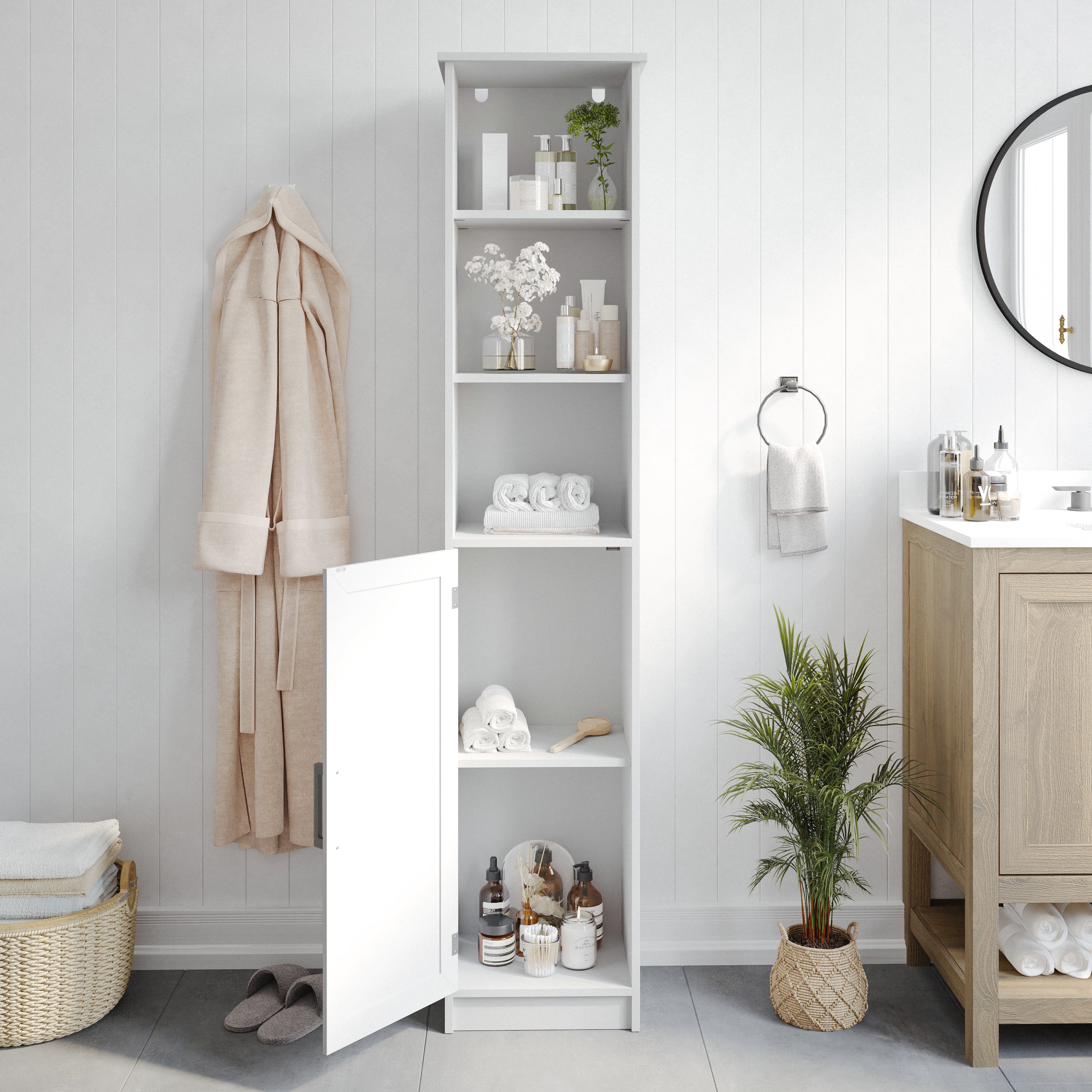 Vega Freestanding Narrow Bathroom Linen Tower Storage Cabinet Organizer with Door, In-Cabinet Adjustable Shelf, and Upper Open Shelves