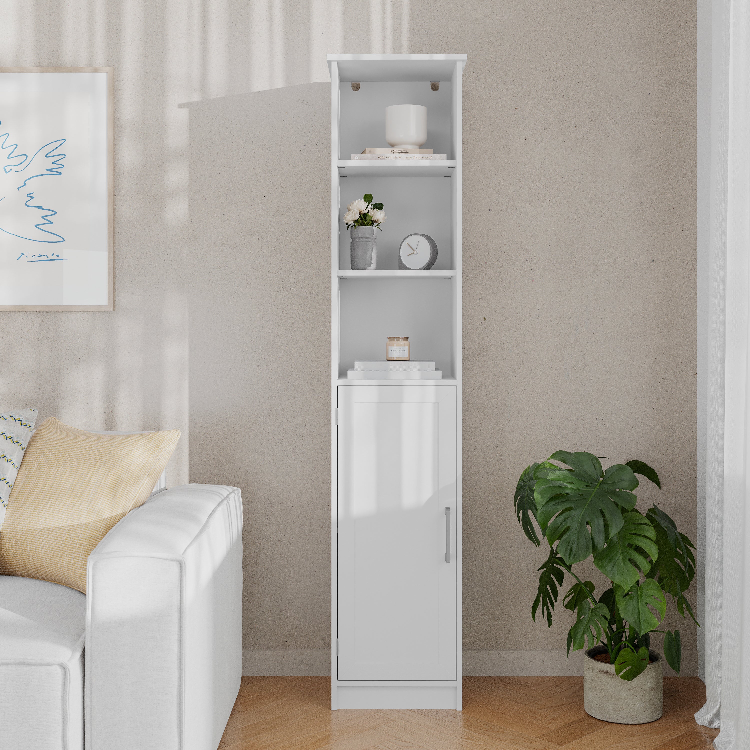 Vega Freestanding Narrow Bathroom Linen Tower Storage Cabinet Organizer with Door, In-Cabinet Adjustable Shelf, and Upper Open Shelves