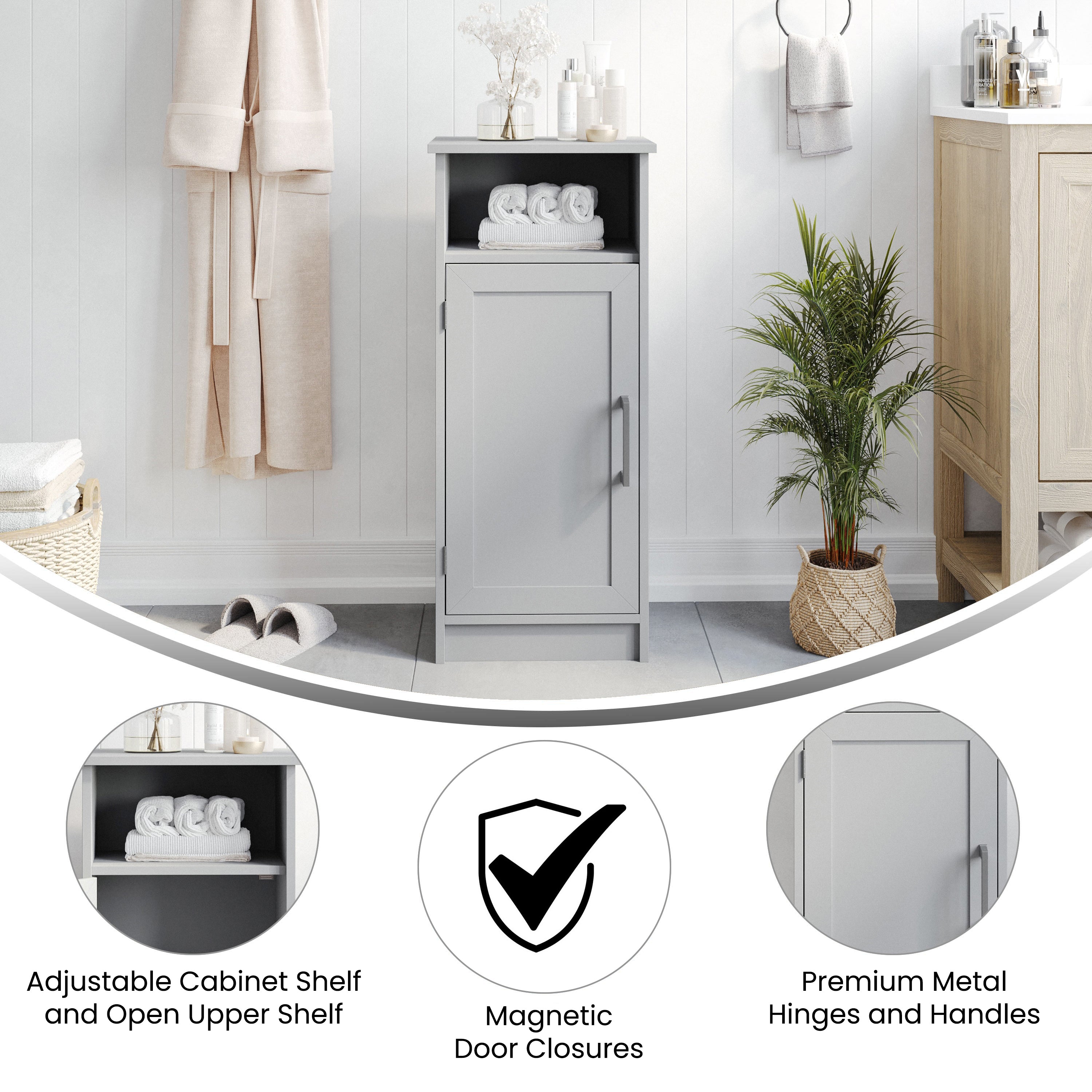 Vega Bathroom Storage Cabinet Organizer with Magnetic Closure Door, In-Cabinet Adjustable Shelf, and Upper Open Shelf