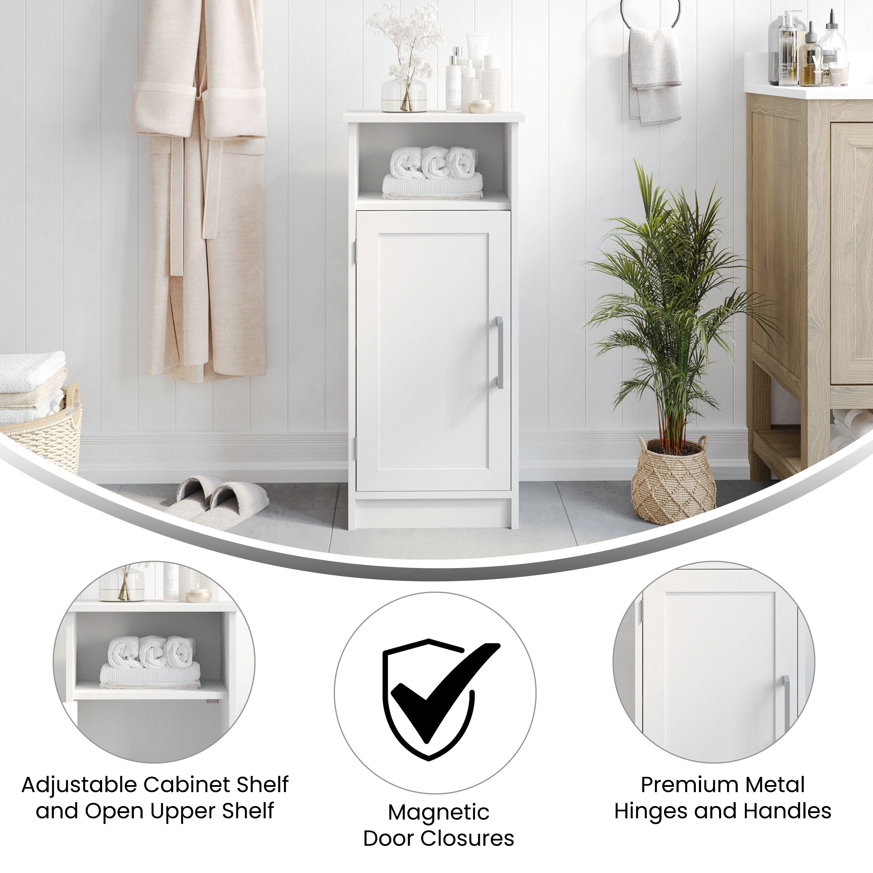 Vega Bathroom Storage Cabinet Organizer with Magnetic Closure Door, In-Cabinet Adjustable Shelf, and Upper Open Shelf