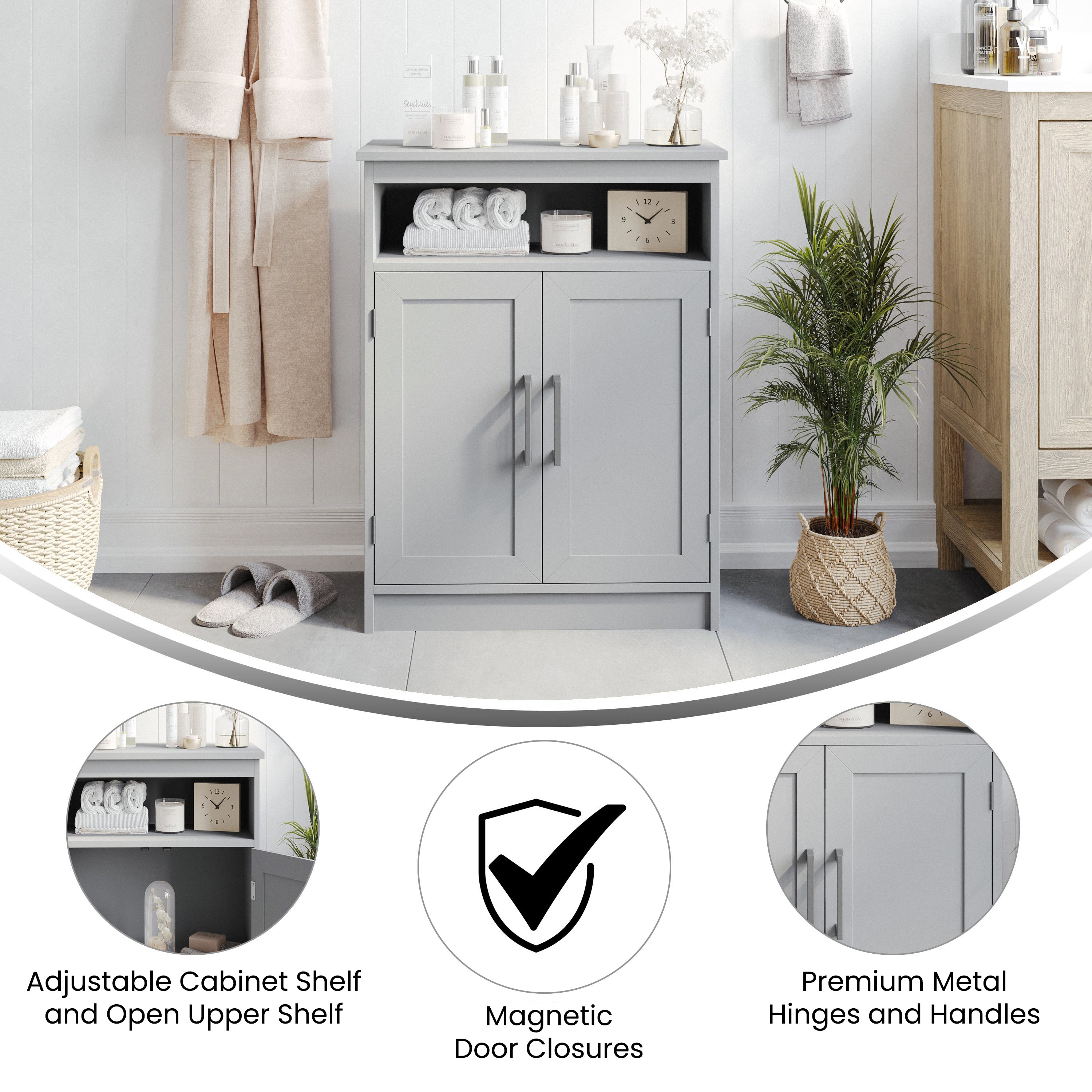Vega Bathroom Storage Cabinet Organizer with Magnetic Closure Doors, In-Cabinet Adjustable Shelf, and Upper Open Shelf
