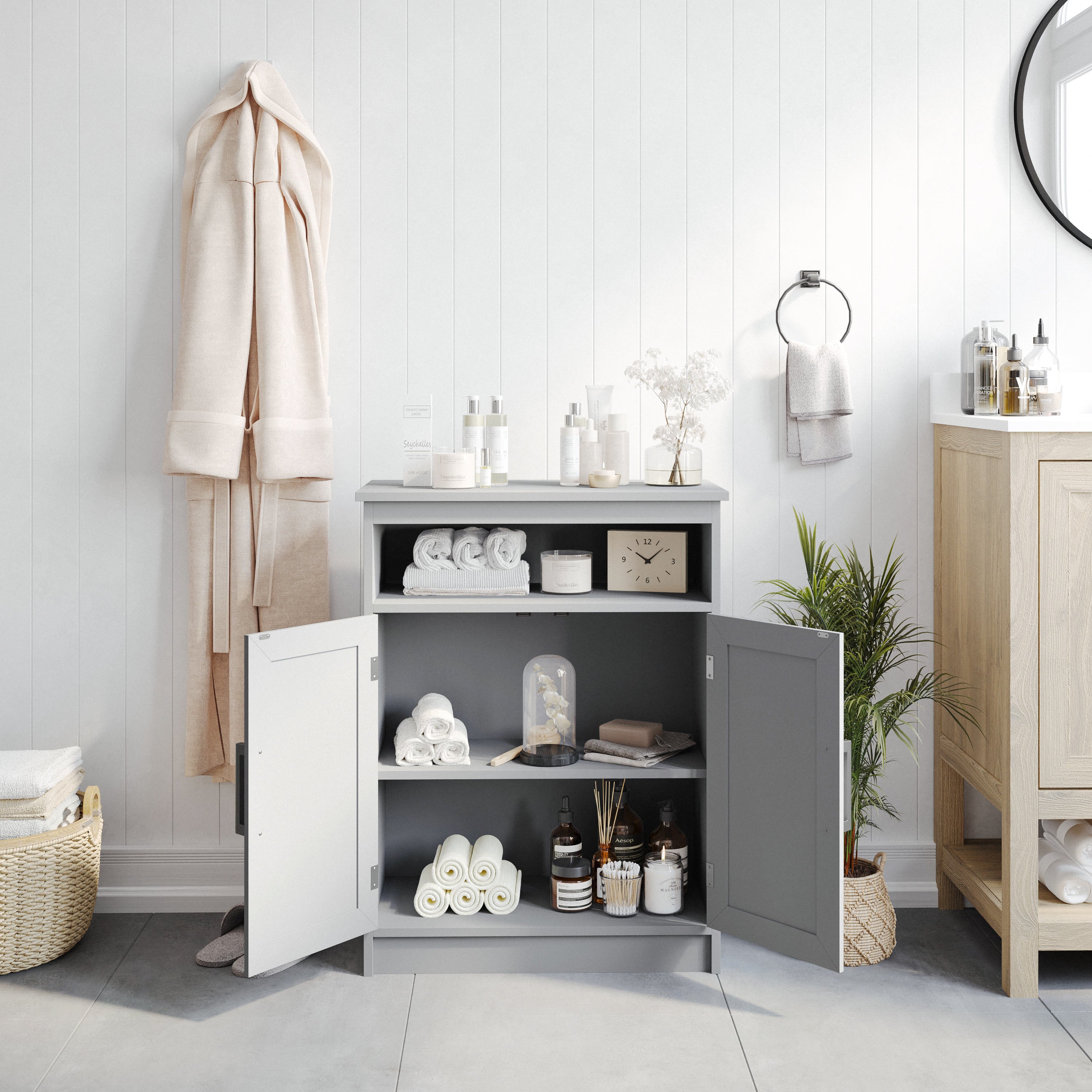 Vega Bathroom Storage Cabinet Organizer with Magnetic Closure Doors, In-Cabinet Adjustable Shelf, and Upper Open Shelf