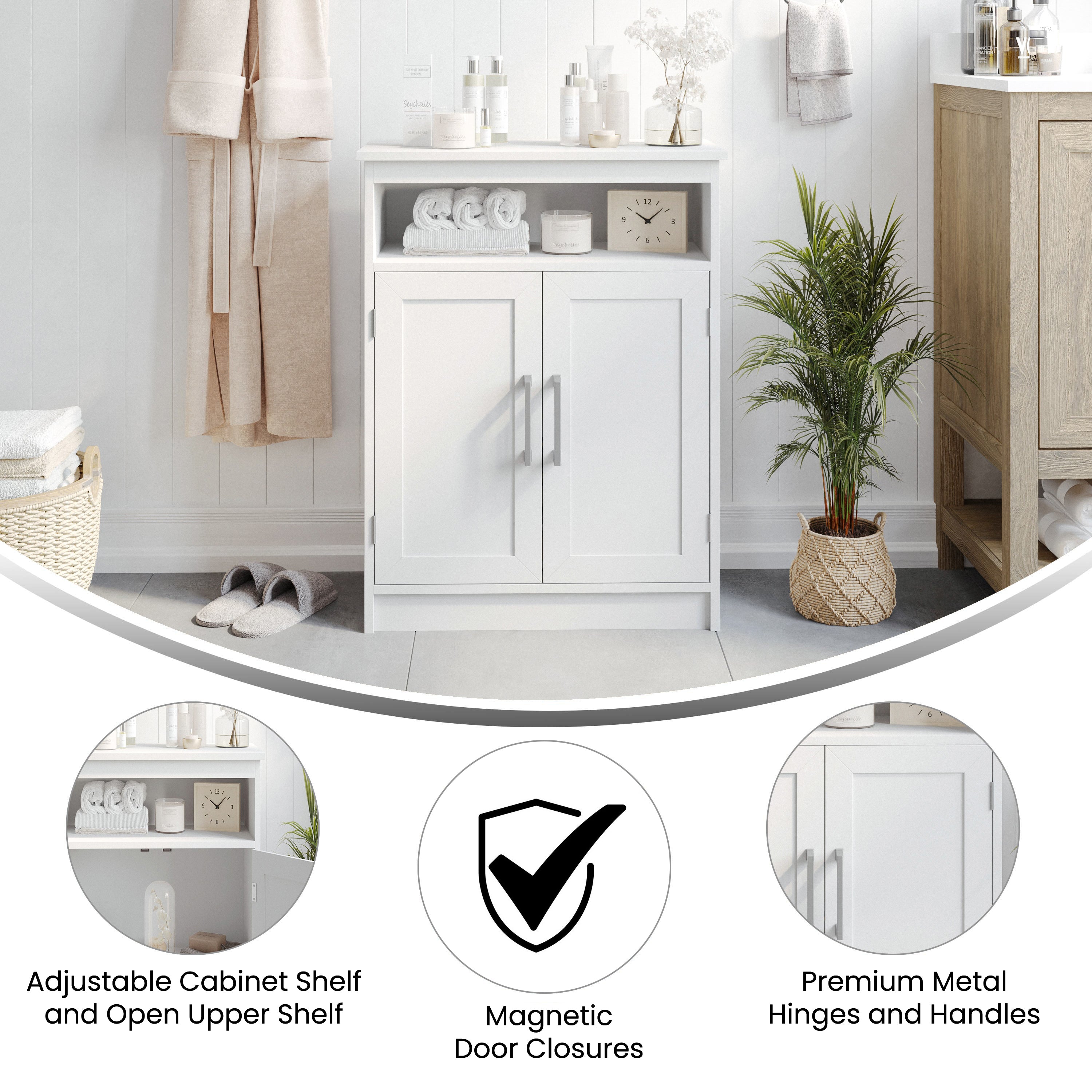 Vega Bathroom Storage Cabinet Organizer with Magnetic Closure Doors, In-Cabinet Adjustable Shelf, and Upper Open Shelf