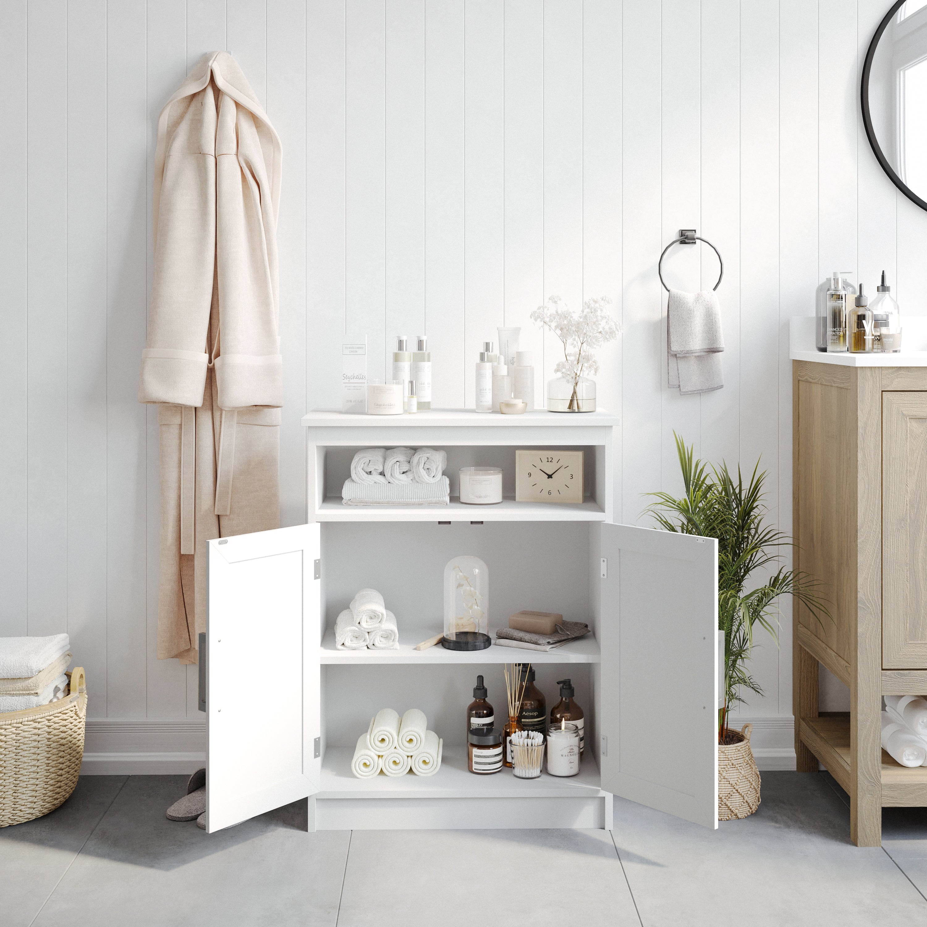 Vega Bathroom Storage Cabinet Organizer with Magnetic Closure Doors, In-Cabinet Adjustable Shelf, and Upper Open Shelf