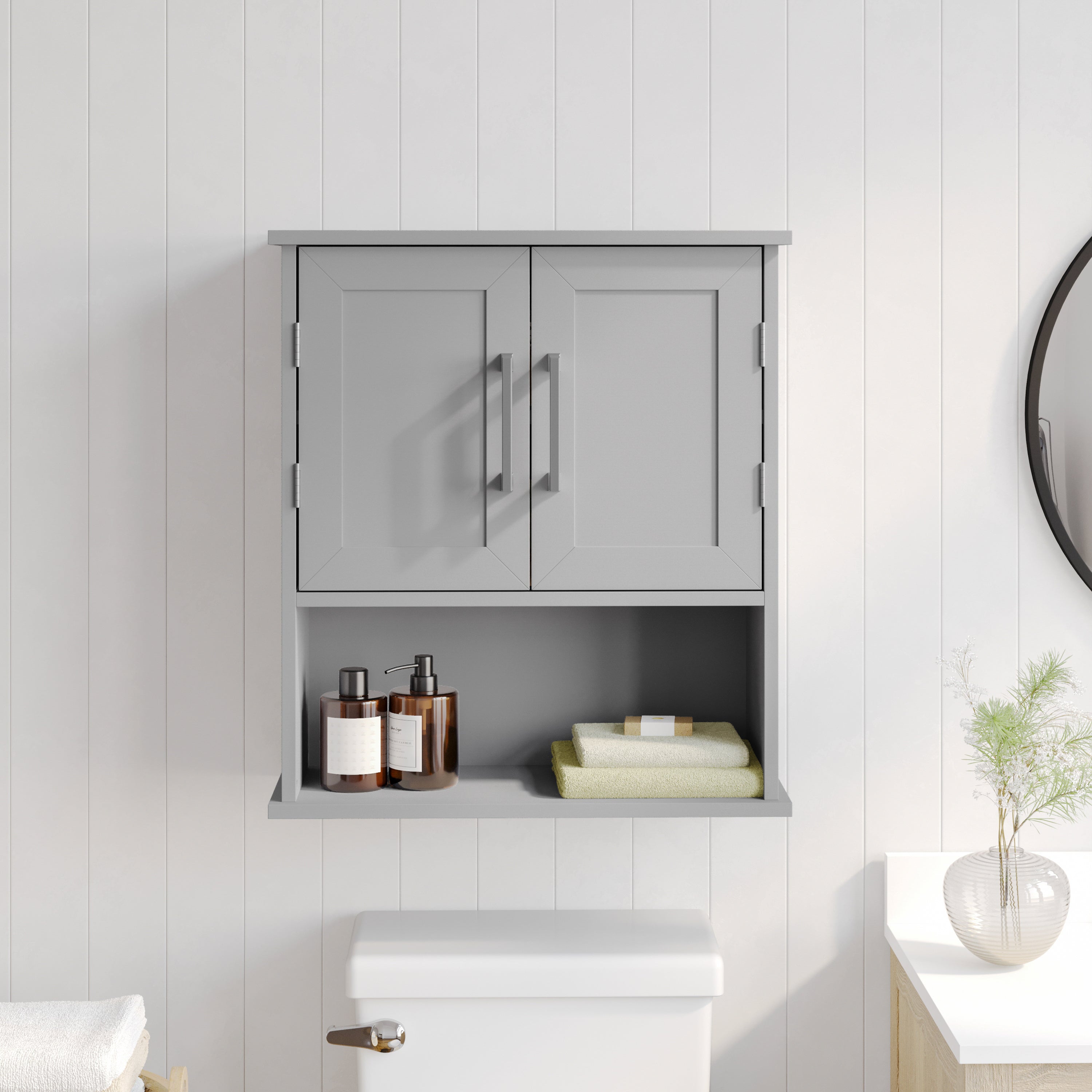 Vega Wall Mounted Bathroom Medicine Cabinet Storage Organizer with Magnetic Closure Doors, Adjustable Shelf, and Lower Open Shelf
