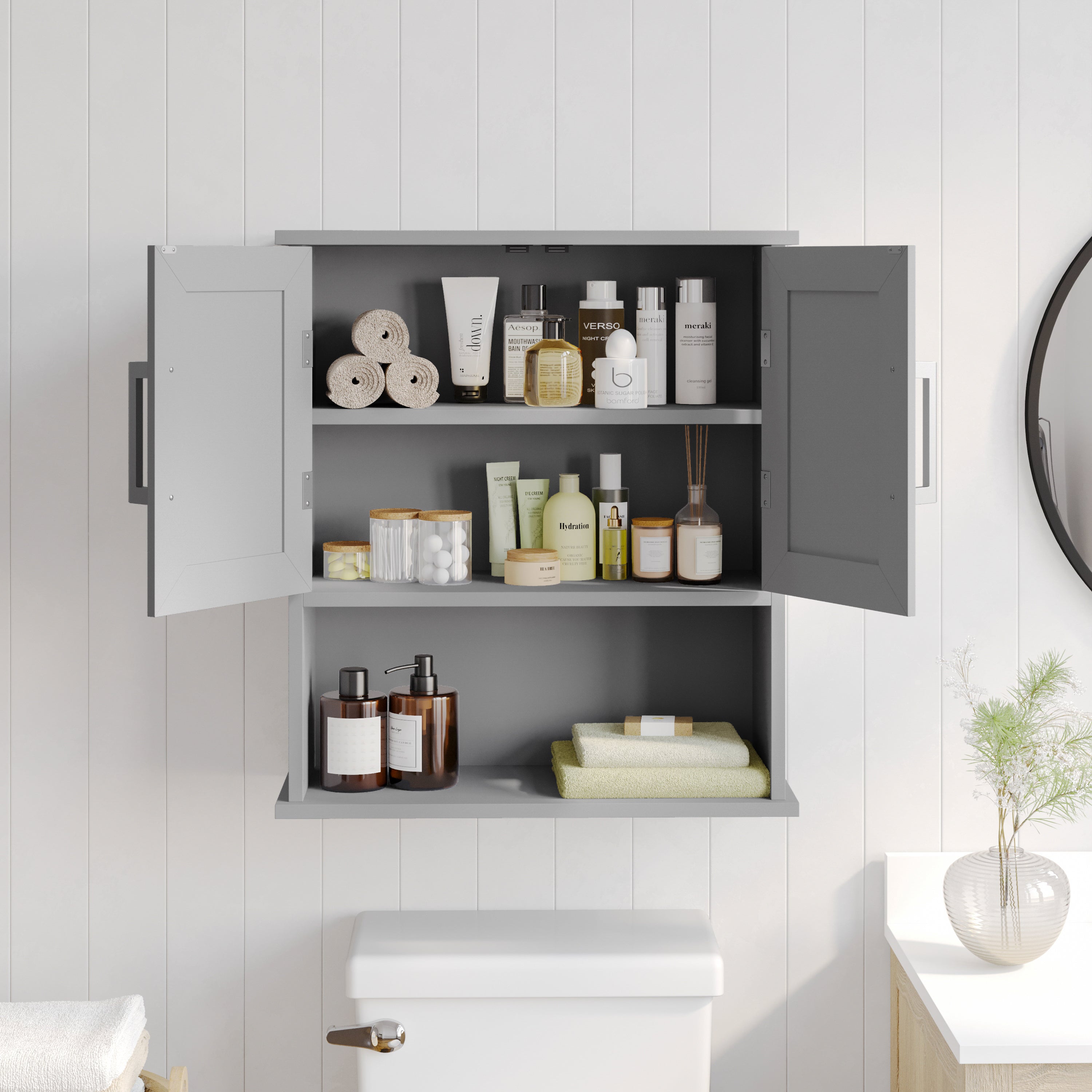 Vega Wall Mounted Bathroom Medicine Cabinet Storage Organizer with Magnetic Closure Doors, Adjustable Shelf, and Lower Open Shelf
